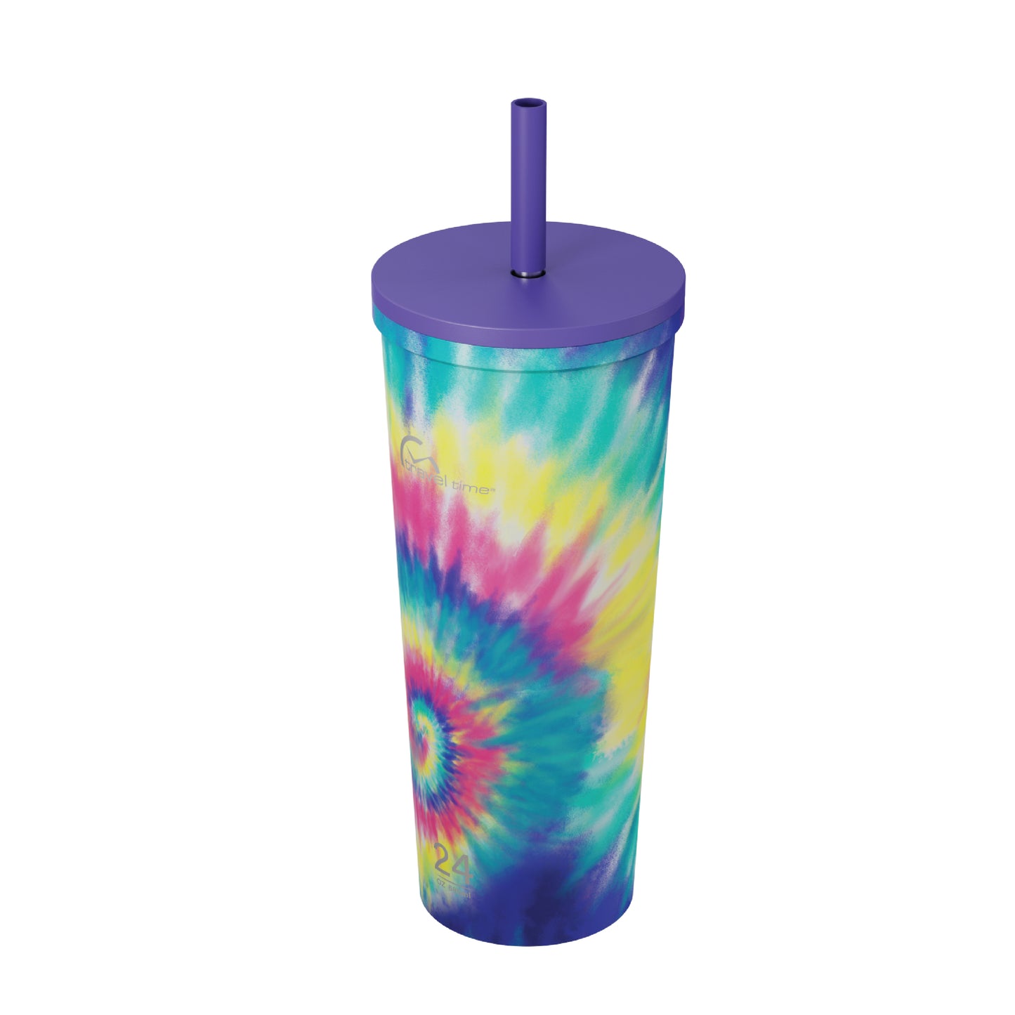 Side view of the 24oz Stainless Steel Tumbler with Straw and Lid in multicolor tie dye displayed at an angle and against a white background.