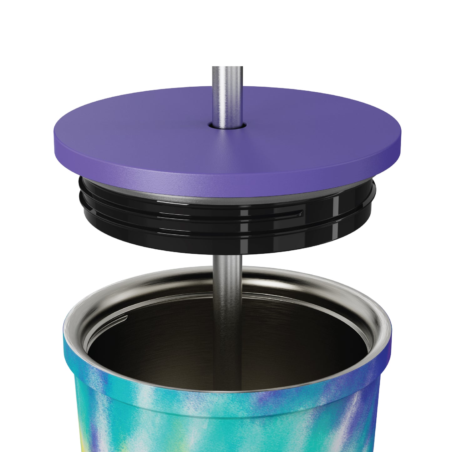 Close-up of the straw and opened lid of the 24oz Stainless Steel Tumbler in multicolor tie dye displayed against a white background.