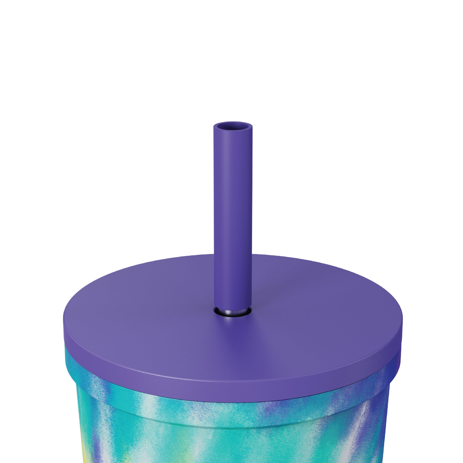 Close-up of the straw and closed lid of the 24oz Stainless Steel Tumbler in multicolor tie dye displayed against a white background.