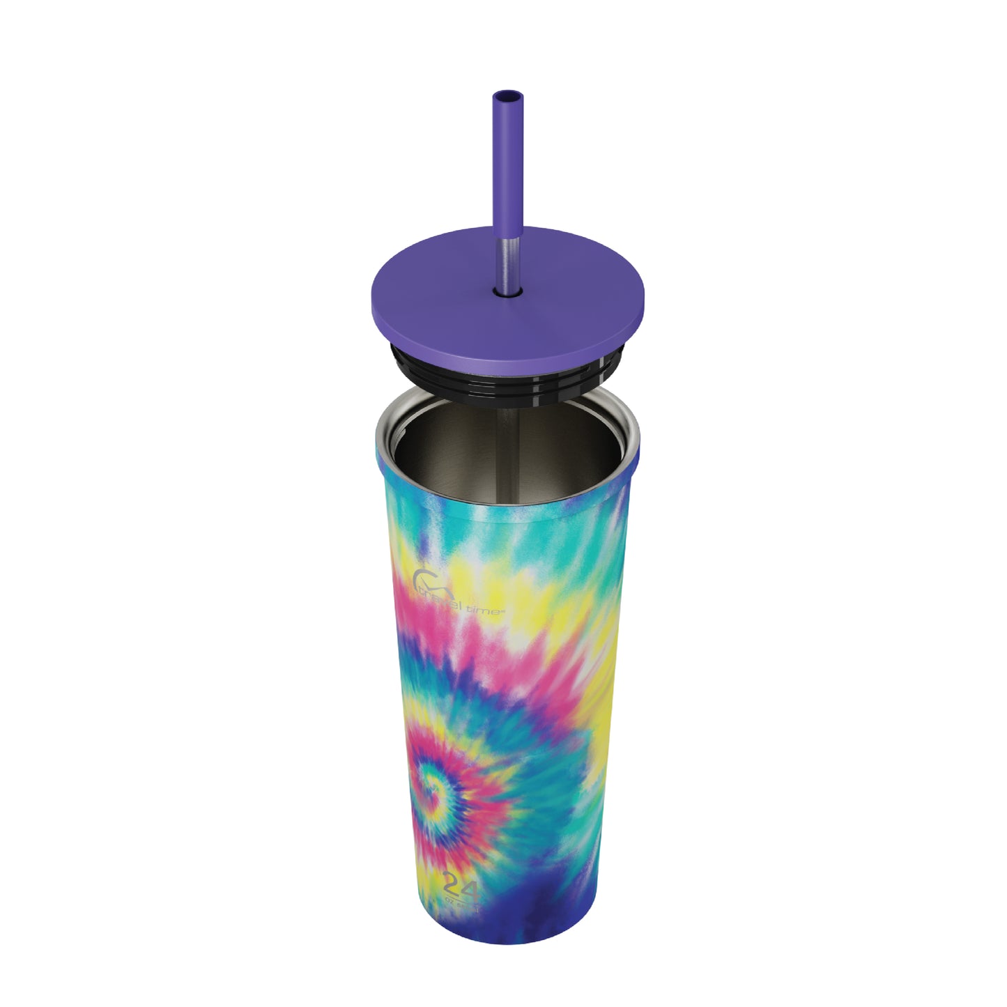 Side view of the 24oz Stainless Steel Tumbler with Straw and Lid in multicolor tie dye displayed at an angle and against a white background. The tumbler's lid has been opened.