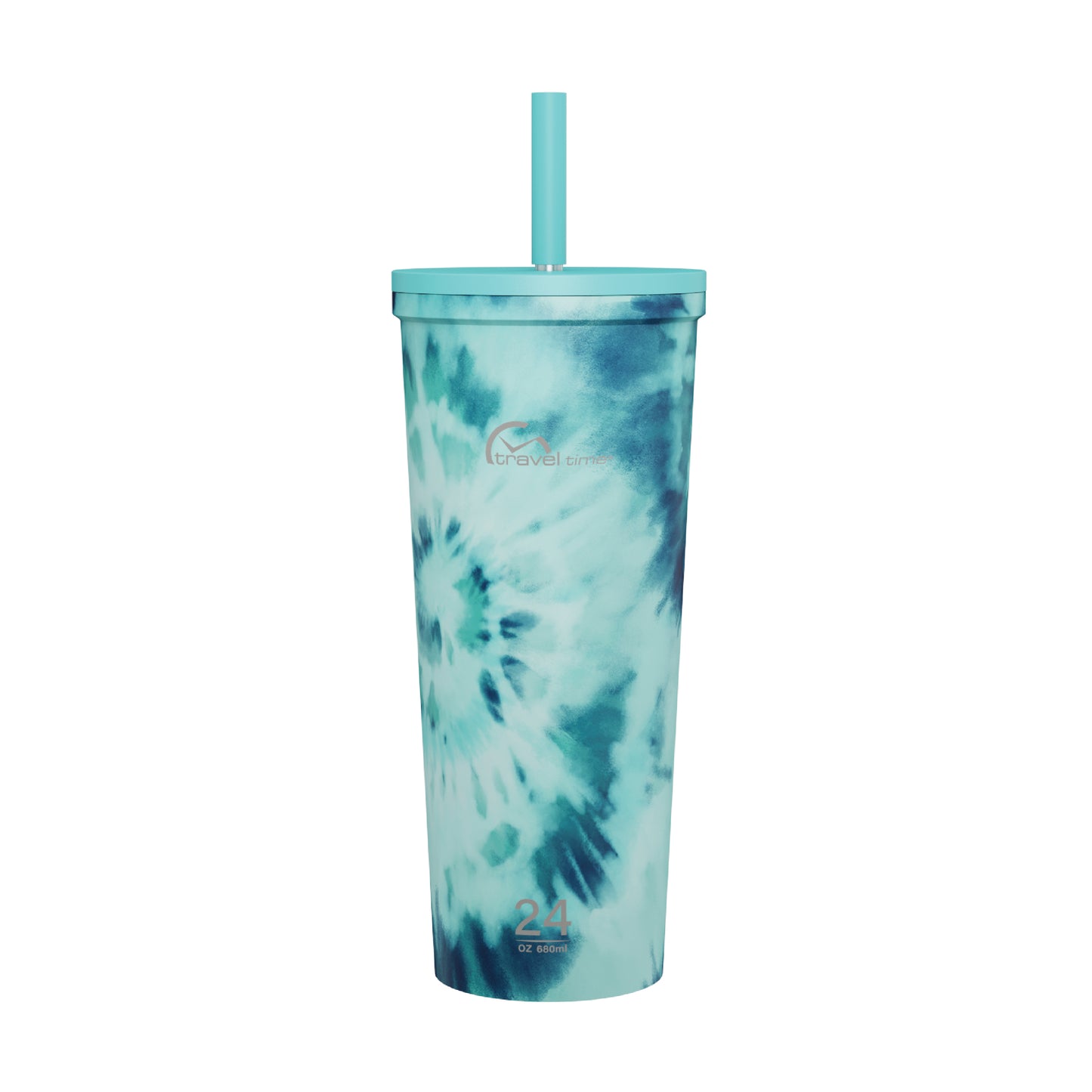 The 24oz Stainless Steel Tumbler with Straw and Lid in blue and white tie dye displayed against a white background.