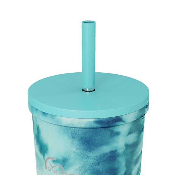 The 24oz Stainless Steel Tumbler's Straw and Lid lift open showcasing the two components. This gif is displayed against a white background.