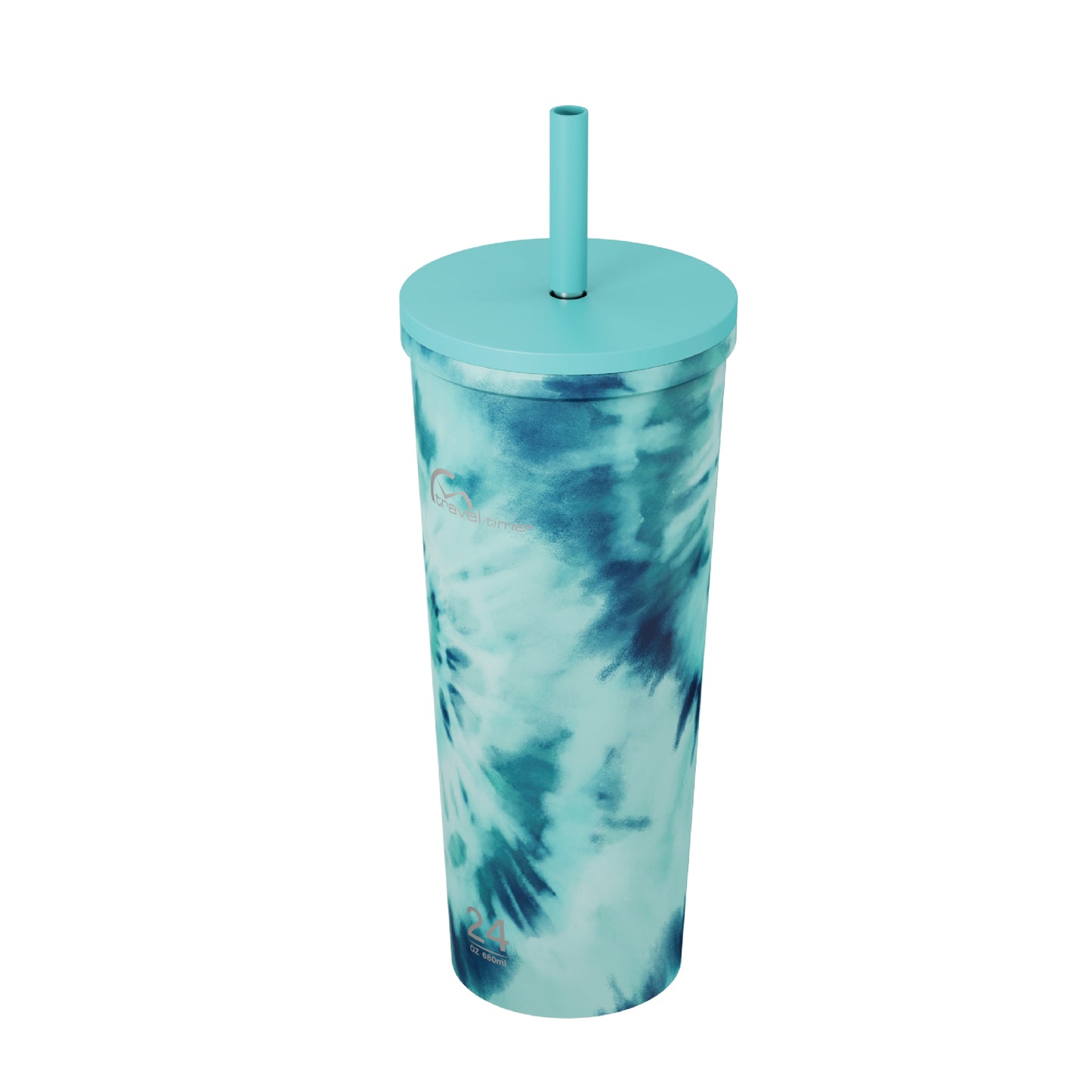 Side view of the 24oz Stainless Steel Tumbler with Straw and Lid in blue and white tie dye displayed at an angle and against a white background.