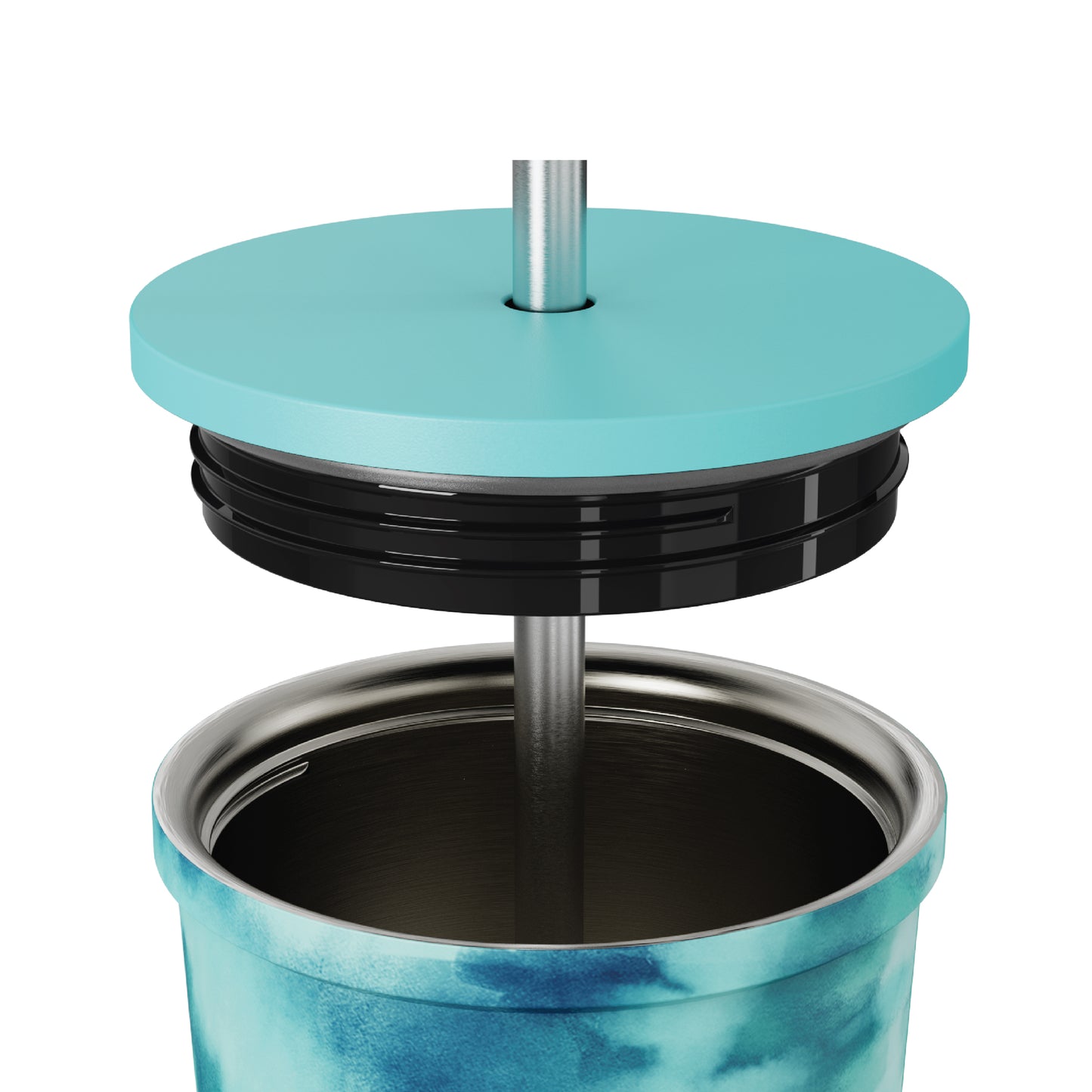 Close-up of the straw and opened lid of the 24oz Stainless Steel Tumbler in blue and white tie dye displayed against a white background.