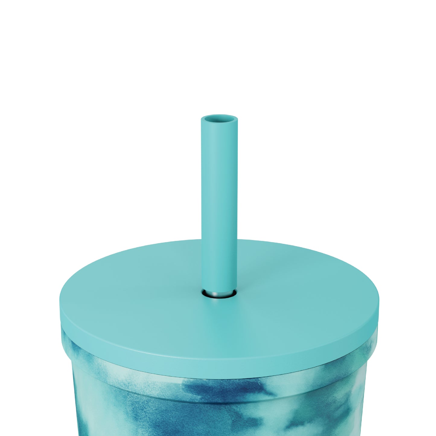 Close-up of the straw and closed lid of the 24oz Stainless Steel Tumbler in blue and white tie dye displayed against a white background.