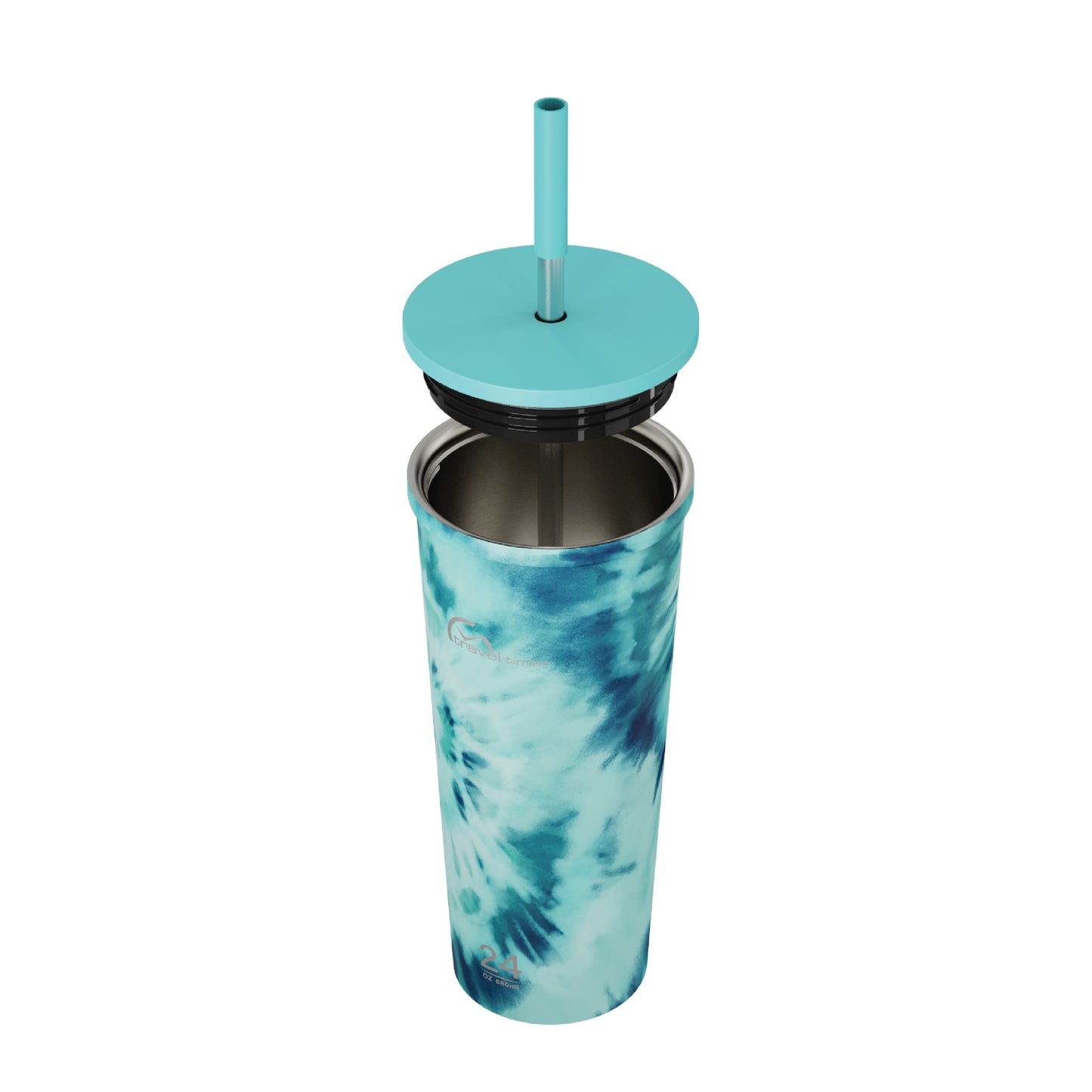 Side view of the 24oz Stainless Steel Tumbler with Straw and Lid in blue and white tie dye displayed at an angle and against a white background. The tumbler's lid has been opened.