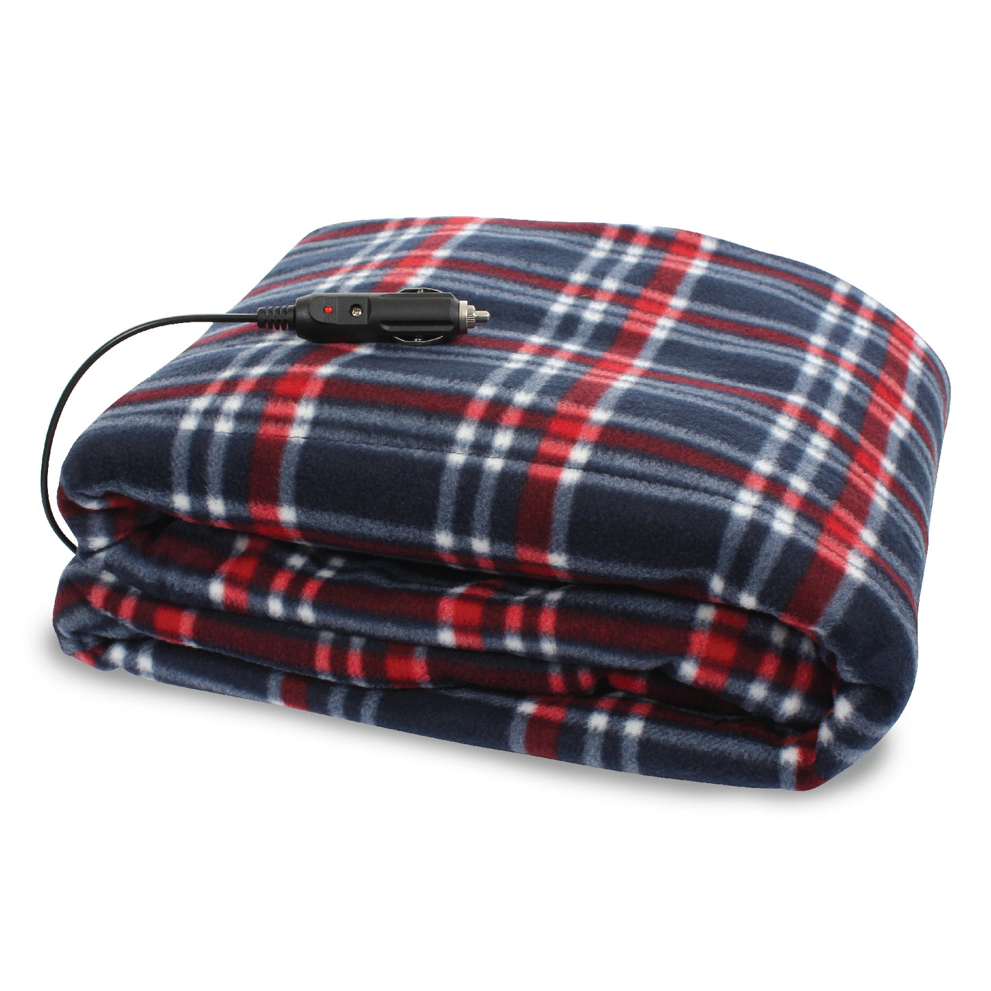 The 12V Fleece Heated Blanket featuring a red and blue plaid pattern. The blanket's 12 volt plug and cord sit atop the folded blanket.