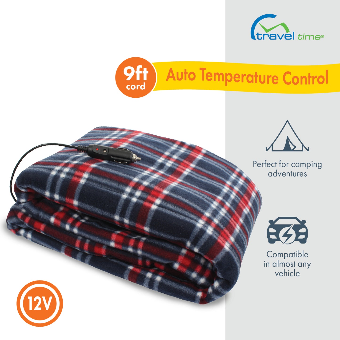 The 12V Fleece Heated Blanket featuring a red and blue plaid pattern. The blanket's 12 volt plug and 9 foot cord sit atop the folded blanket. This blanket offers auto temperature control and is compatible in almost any vehicle, making it perfect for camping or traveling adventures.