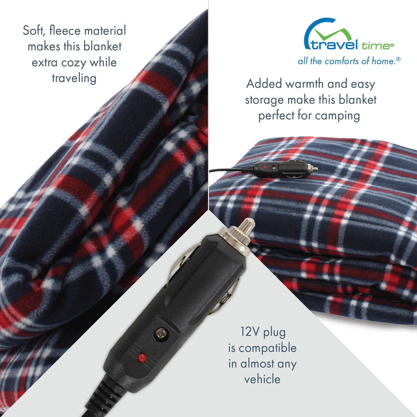 Various close ups of the 12V Fleece Heated Blanket, which features soft, fleece material to help you stay extra cozy while traveling. The blanket is compatible in almost any vehicle and its added warmth and easy storage make it perfect for camping or traveling adventures.