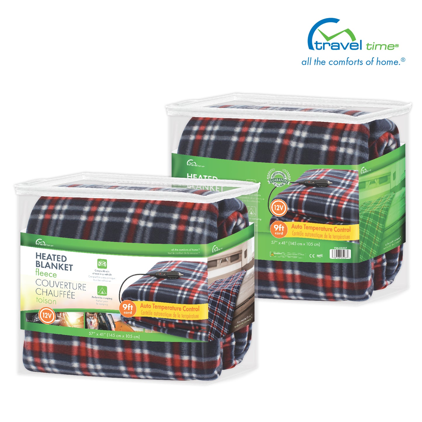 Packaged front and back images of the 12V Fleece Heated Blanket. The packaging is green, white, orange, and yellow, and features callouts for the product.