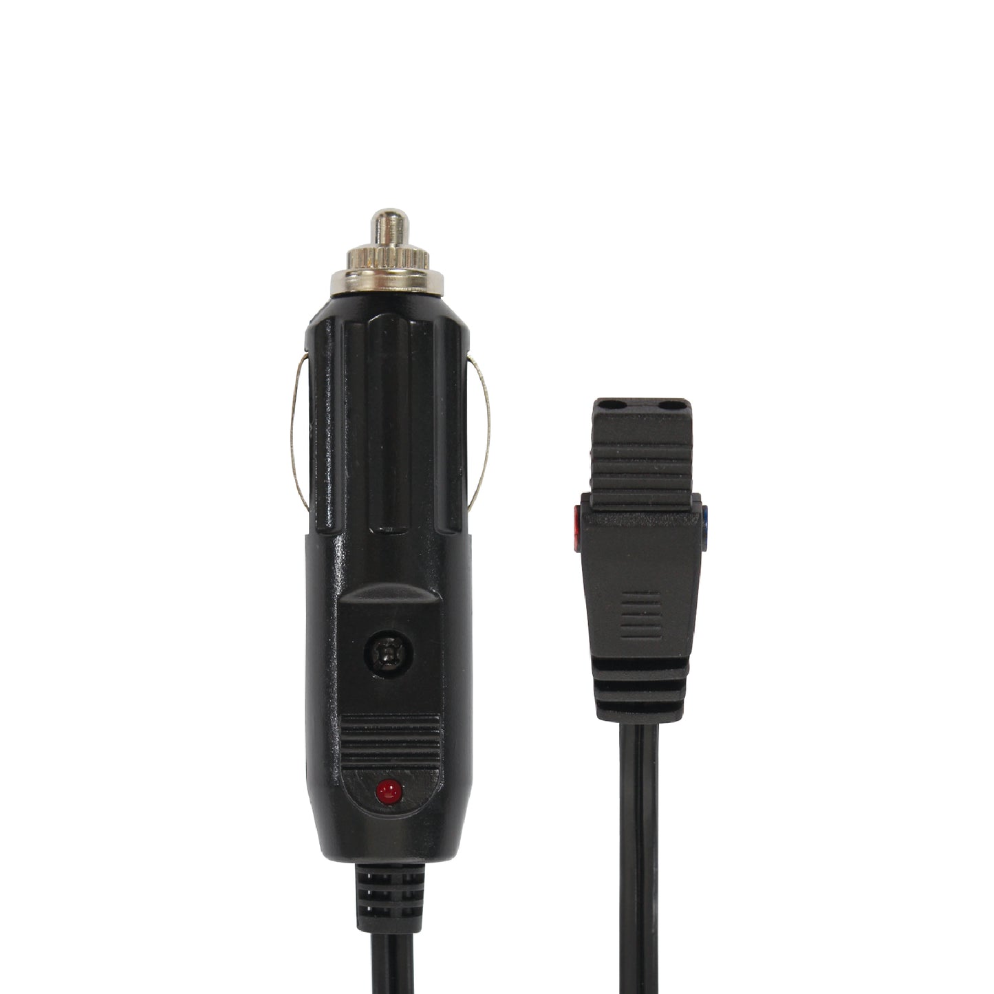 Close up of the both ends of the Replacement Power Cord for Koolatron Coolers, with one end being as 12 volt insert and the other end being a cooler insert.