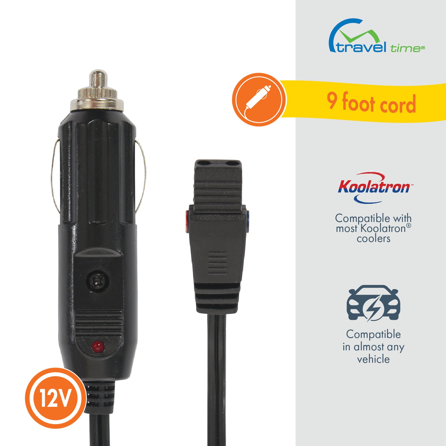 Close up of the both ends of the Replacement Power Cord for Koolatron Coolers, with one end being as 12 volt insert and the other end being a cooler insert. The close up is supplemented by descriptions of the product, including that it features a 9-foot cord, that it's compatible with most Koolatron coolers, and that the cord is compatible in almost any vehicle.