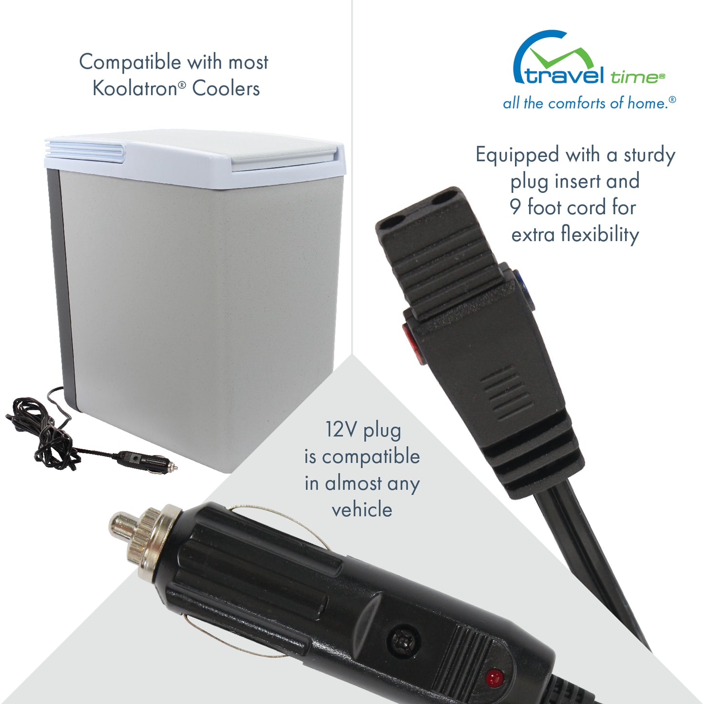 Close up of the both ends of the Replacement Power Cord for Koolatron Coolers, with one end being as 12 volt insert and the other end being a cooler insert. The close up is supplemented by descriptions of the product, including that it features a 9-foot cord, that it's compatible with most Koolatron coolers, and that the cord is compatible in almost any vehicle.
