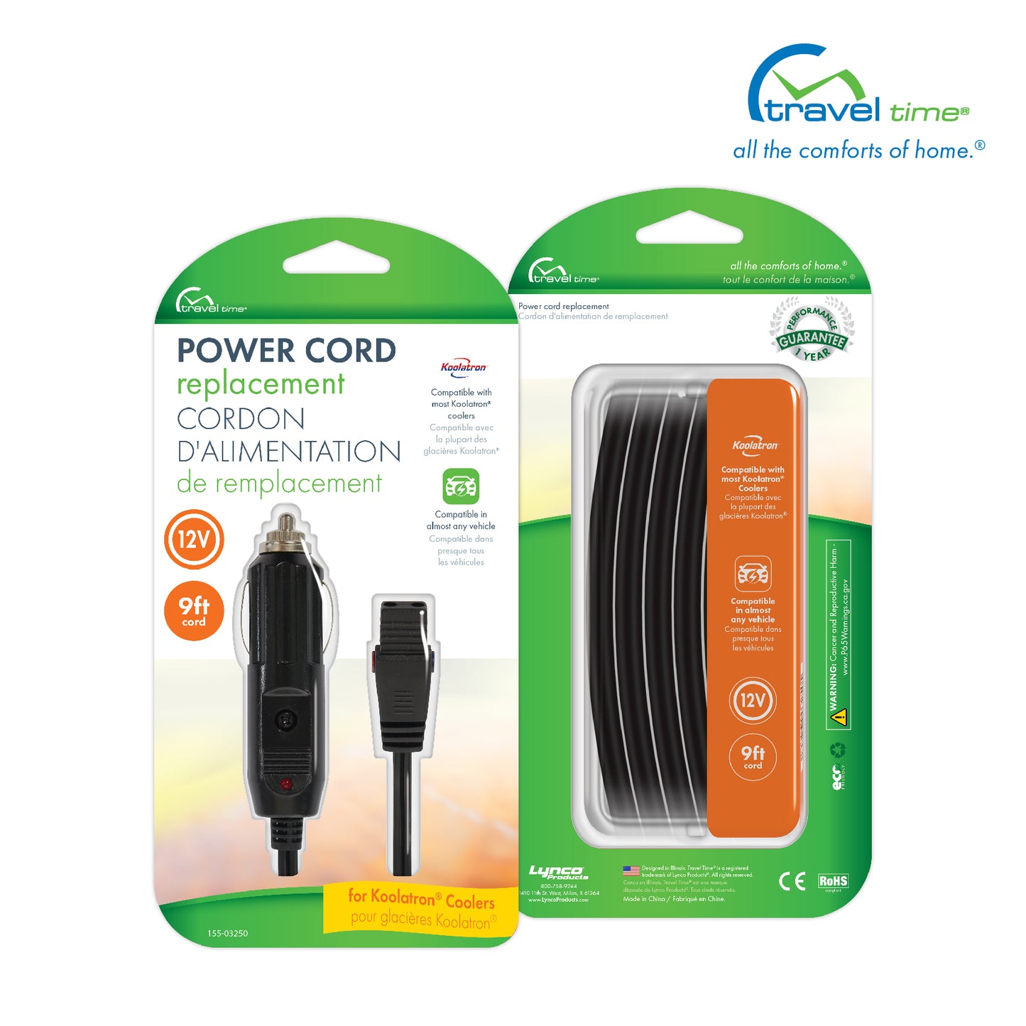 Packaged front and back images of the Replacement Power Cord for Koolatron Coolers. The packaging is green, white, orange, and yellow, and features callouts for the product.
