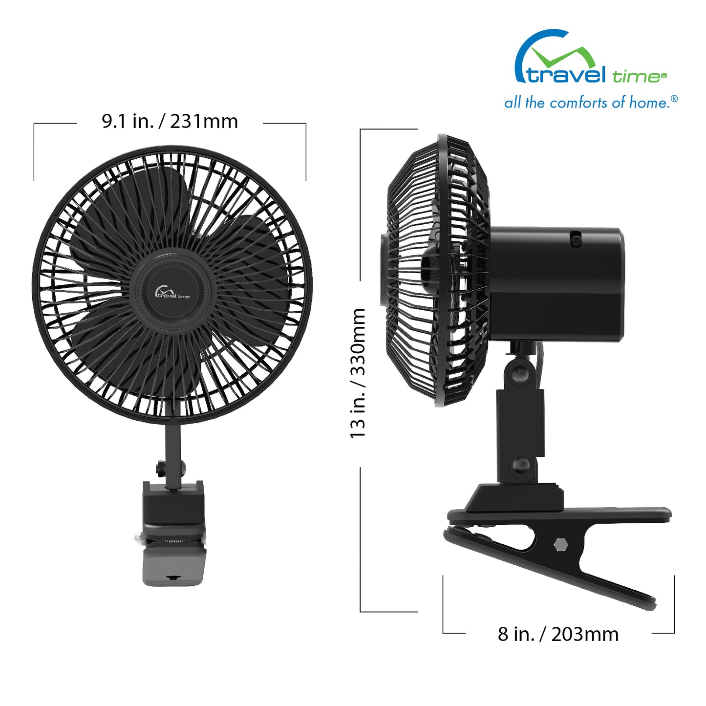The dimensions of the 12V Oscillating Clip-On Fan are 9.1" wide, 13" tall, and 8" deep, including the clamp.