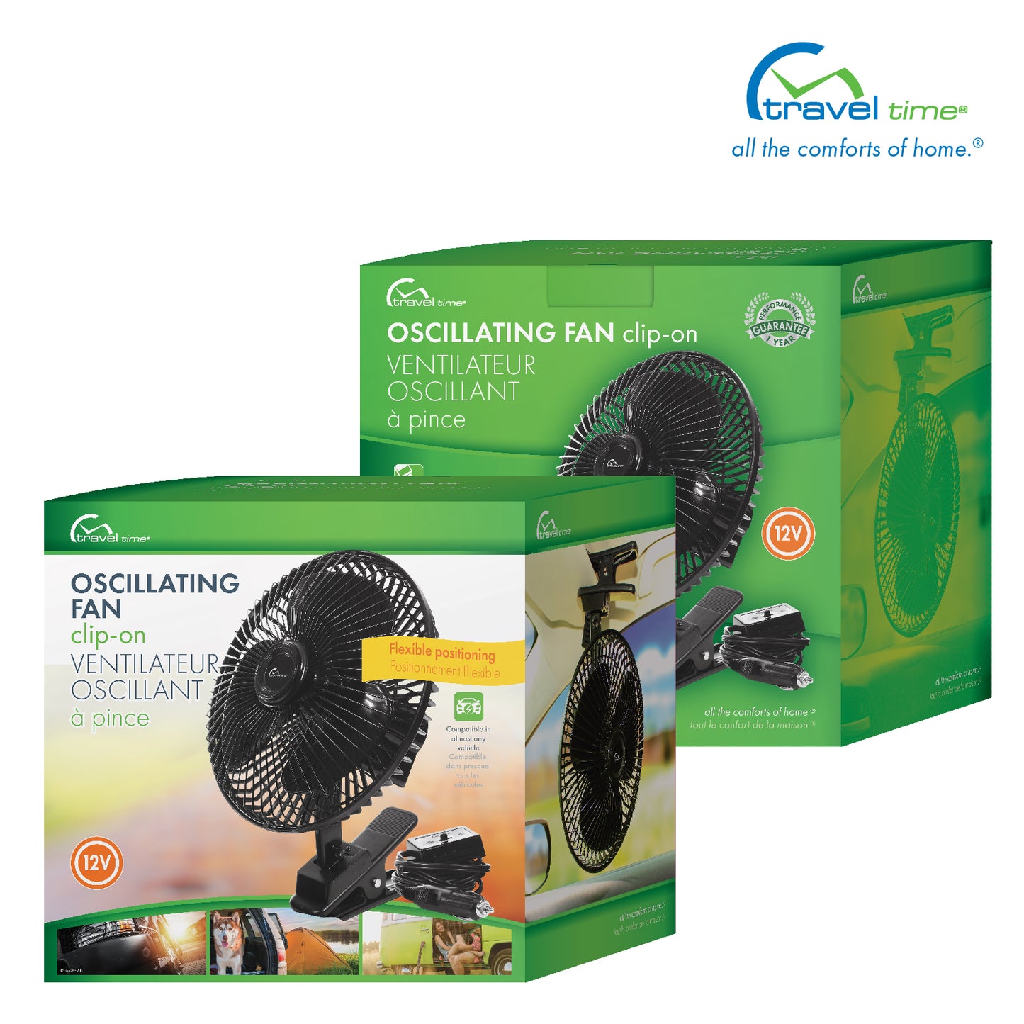 Packaged front and back images of the 12V Oscillating Clip-On Fan. The packaging is green, white, orange, and yellow, and features callouts for the product.