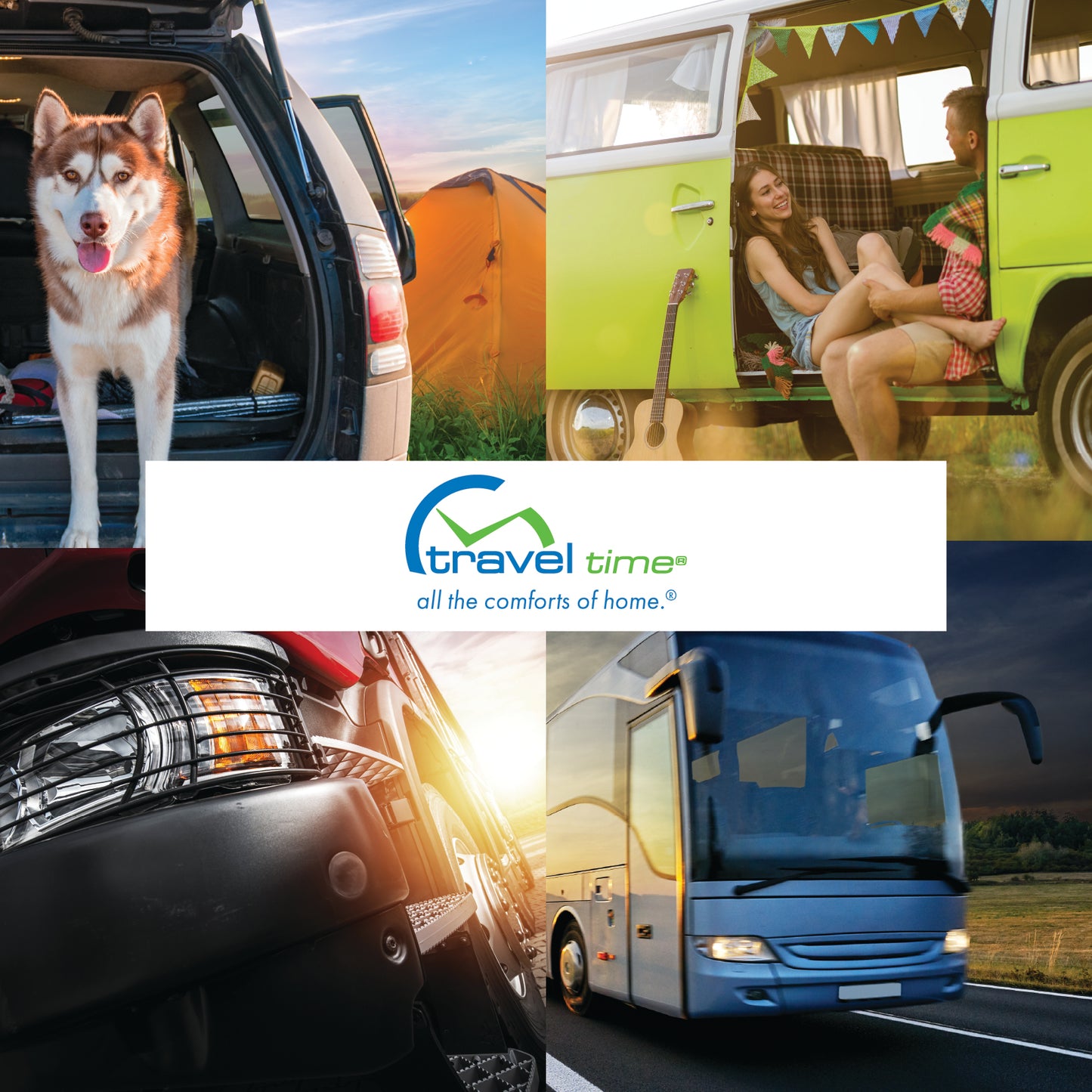 Branding collage that showcases a sample of the environments in which Travel Time products could be used, including at camp sites, in travel RVs, in semi-trucks, and in passenger buses.