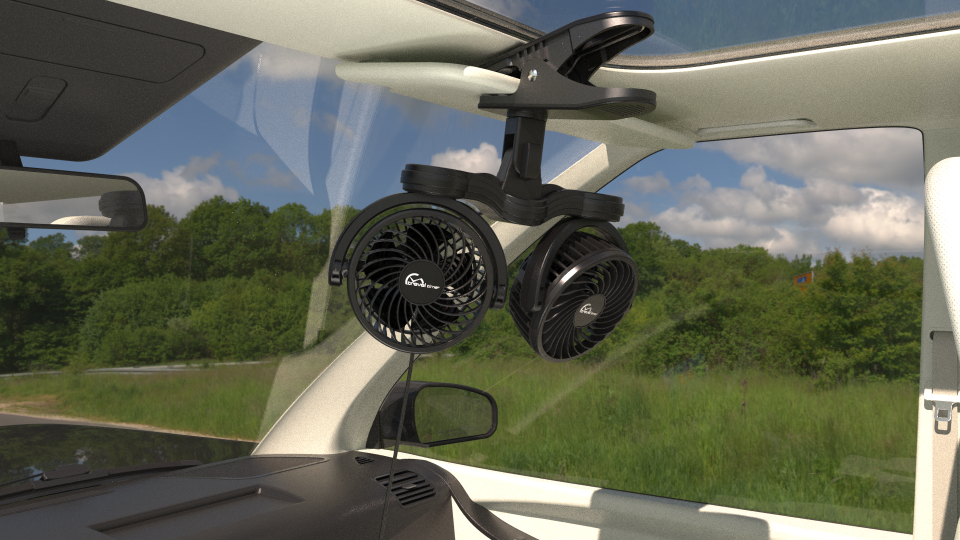 12V Twin Variable Speed Fan clamped onto the passenger side visor of a vehicle
