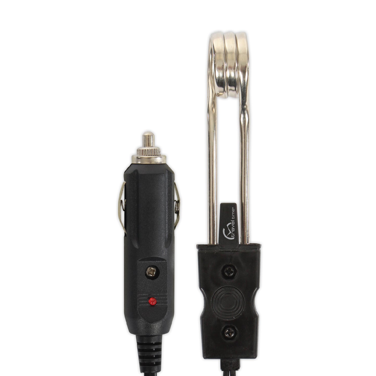 Close up of both ends of the the 12V Beverage Heater cord, with one end being a 12 volt insert and the other end being a warming rod that can be inserted into beverages to keep them warm.