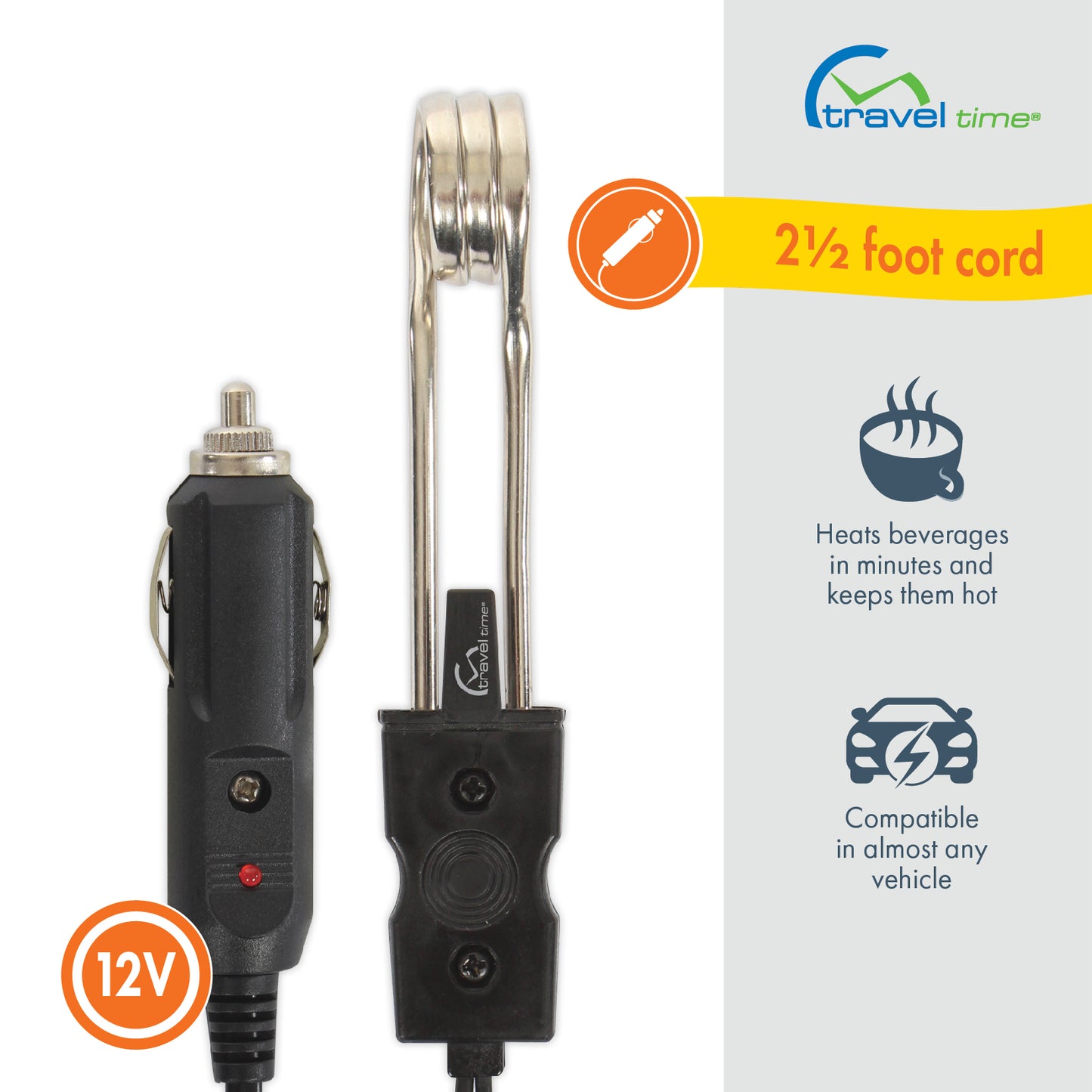 Close up of both ends of the the 12V Beverage Heater cord, with one end being a 12 volt insert and the other end being a warming rod that can be inserted into beverages to keep them warm. This 12 volt accessory has a 2.5 foot cord, heats beverages in minutes, and is compatible in almost any vehicle.