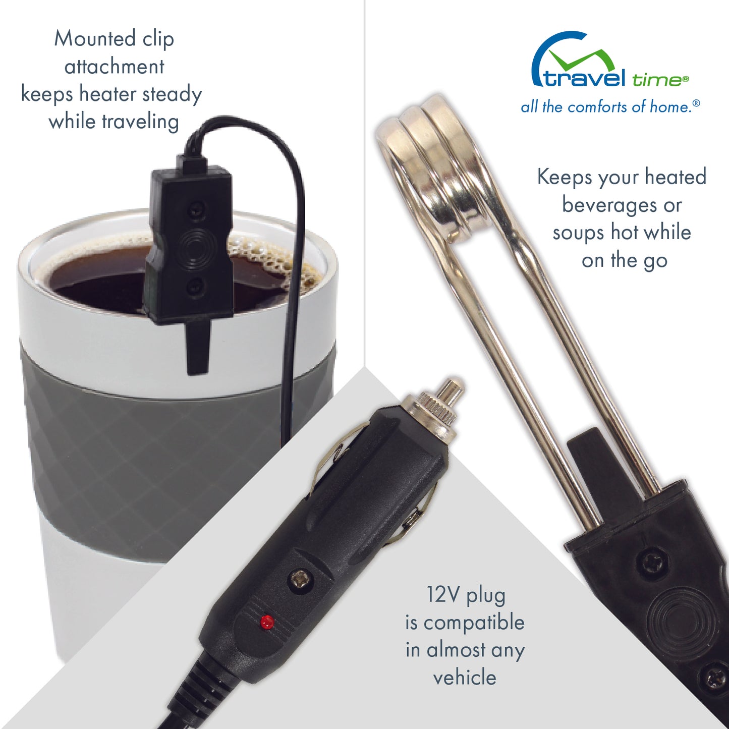 Various close ups of both ends of the the 12V Beverage Heater cord, with one end being a 12 volt insert and the other end being a warming rod that can be inserted into beverages to keep them warm, which is supported by a mounted clip attachment that keeps the heater steady while traveling. This 12 volt accessory is compatible in almost any vehicle and keeps your heated beverages and soups hot while on the go.