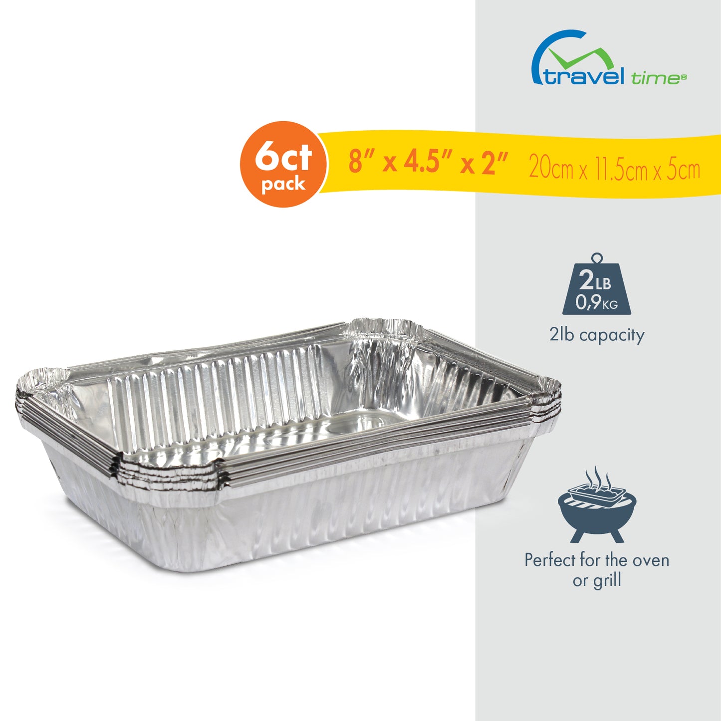 6 pack foil containers that are rectangular-shaped and have easy-grip corners. The dimensions are 8" x 4.5" x 2" and the containers are perfect for the oven or grill given their 2lb capacity.