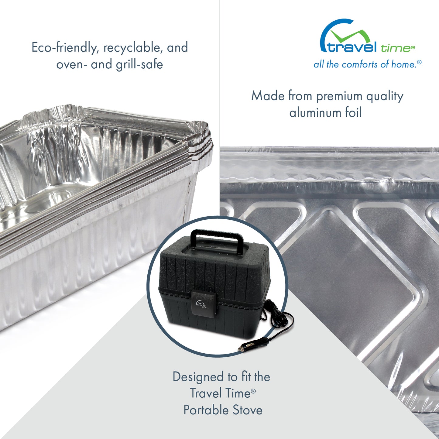 Close up of the 6 pack foil containers that are eco-friendly recyclable, and oven- and grill-safe. These containers are made from premium quality aluminum foil and designed to fit the Travel Time Portable Stove.