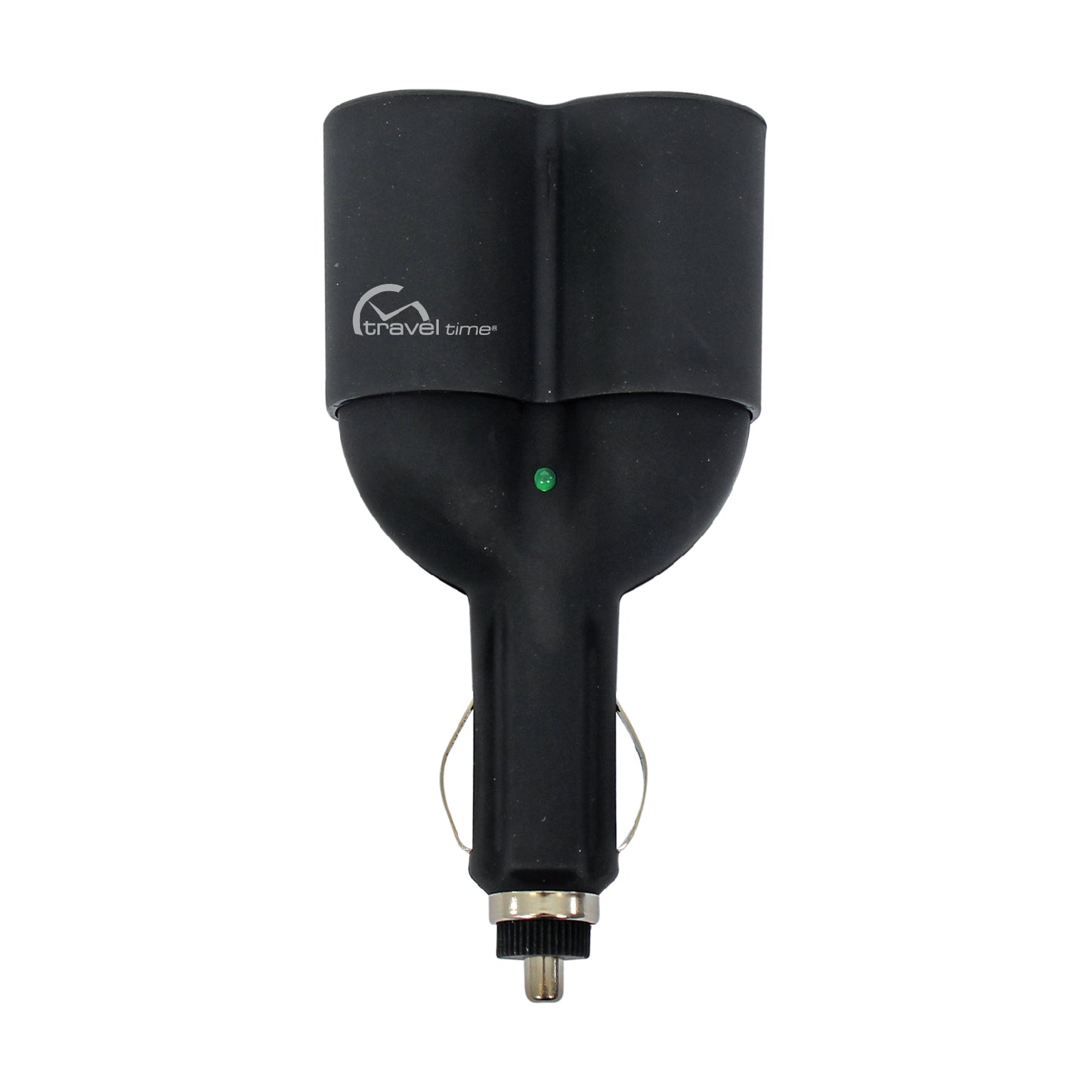 Close up of the black 12V Dual Outlet Plug featuring the Travel Time logo and green LED light indicator.
