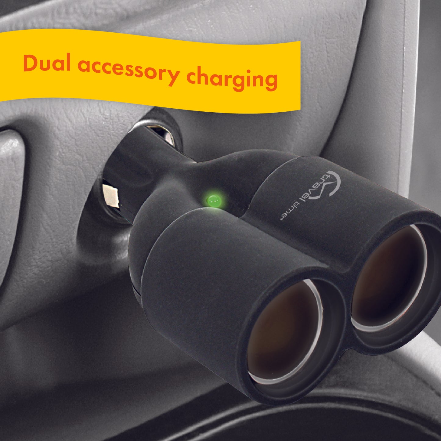 The 12V Dual Outlet Plug is plugged into a 12 volt port of a vehicle to showcase it's ability to support dual-accessory charging.