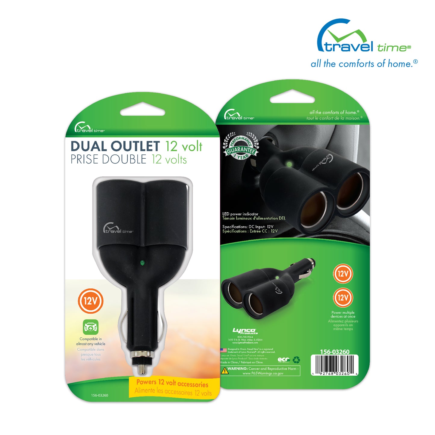 Packaged front and back images of the 12V Dual Outlet Plug. The packaging is green, white, orange, and yellow, and features callouts for the product.