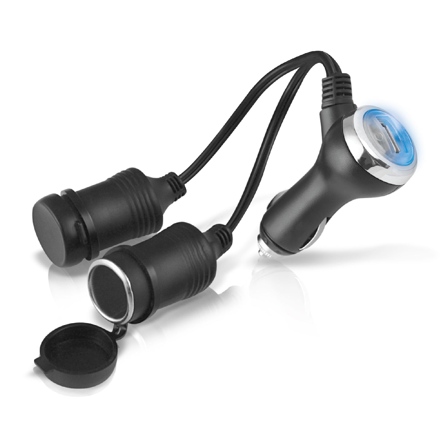 12V Dual Outlet Plug with USB Port - Black 12 volt (cigarette lighter) splitter adapter with two sockets and a USB port, featuring a blue LED light indicator.