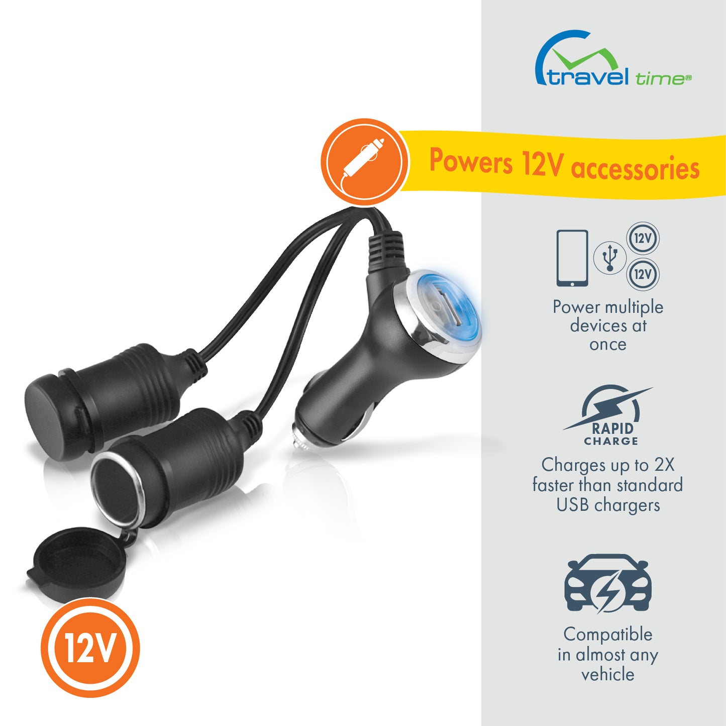 12V Dual Outlet Plug with USB Port - Black 12 volt (cigarette lighter) splitter adapter with two sockets and a USB port, featuring a blue LED light indicator. This 12 volt accessory powers multiple devices at once, charges up to two times faster than standard usb chargers, and is compatible in almost any vehicle.