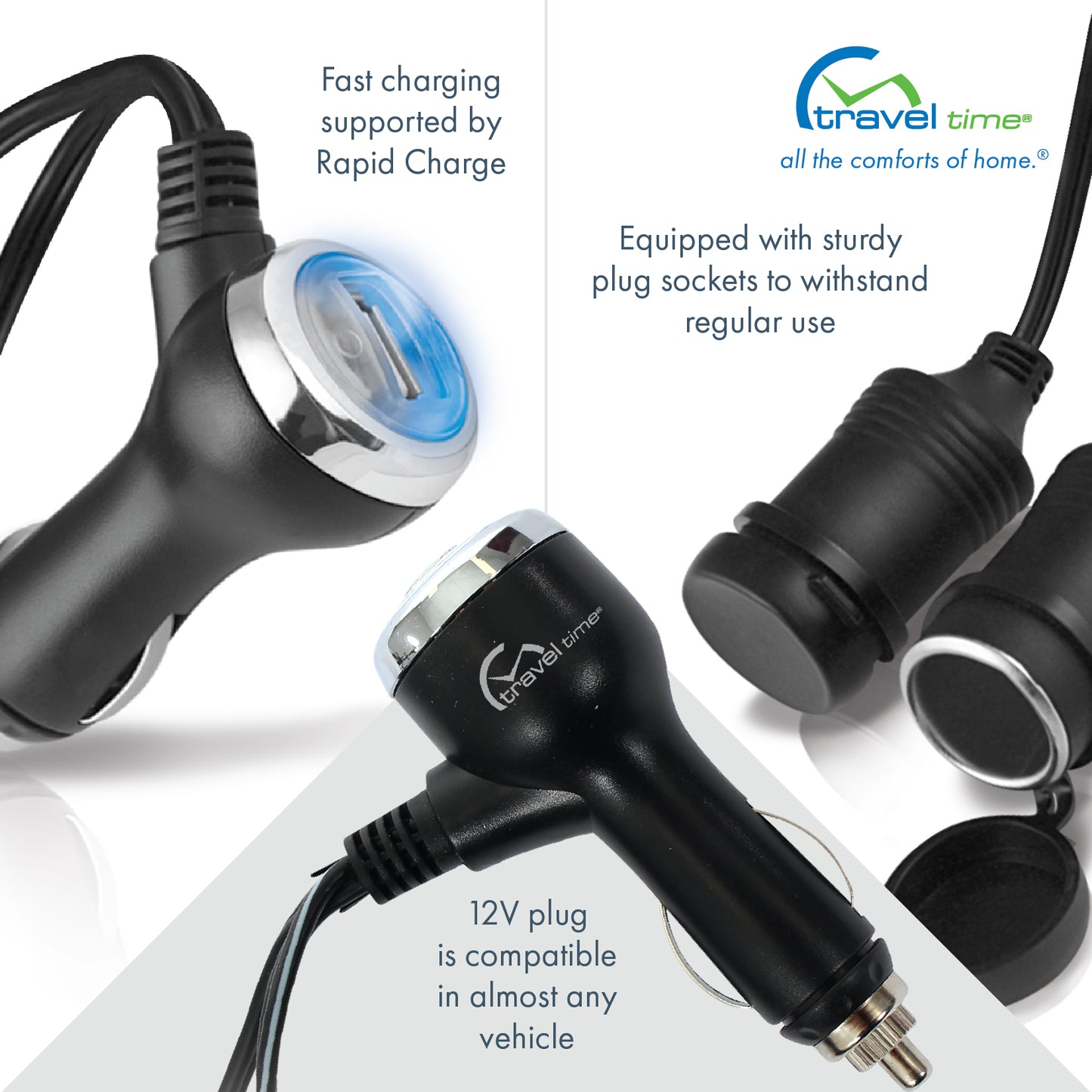 This 12V Dual Outlet Plug with USB Port charges faster than standard usb chargers using Rapid Charge technology, is equipped with sturdy plug sockets to withstand regular use, and is compatible in almost any vehicle.