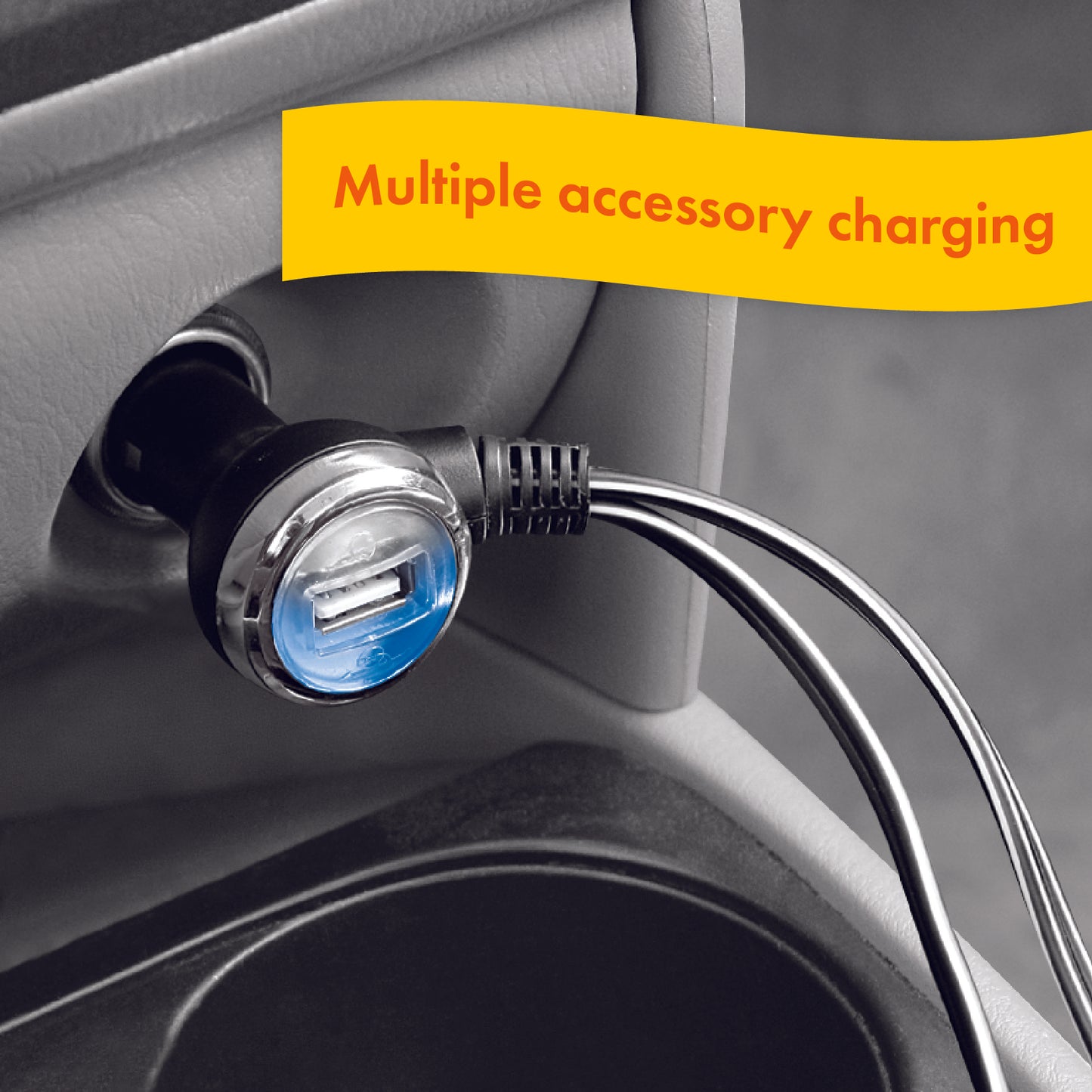 The 12V Dual Outlet Plug with USB Port is plugged into a 12 volt port and this device supports multiple accessory charging.