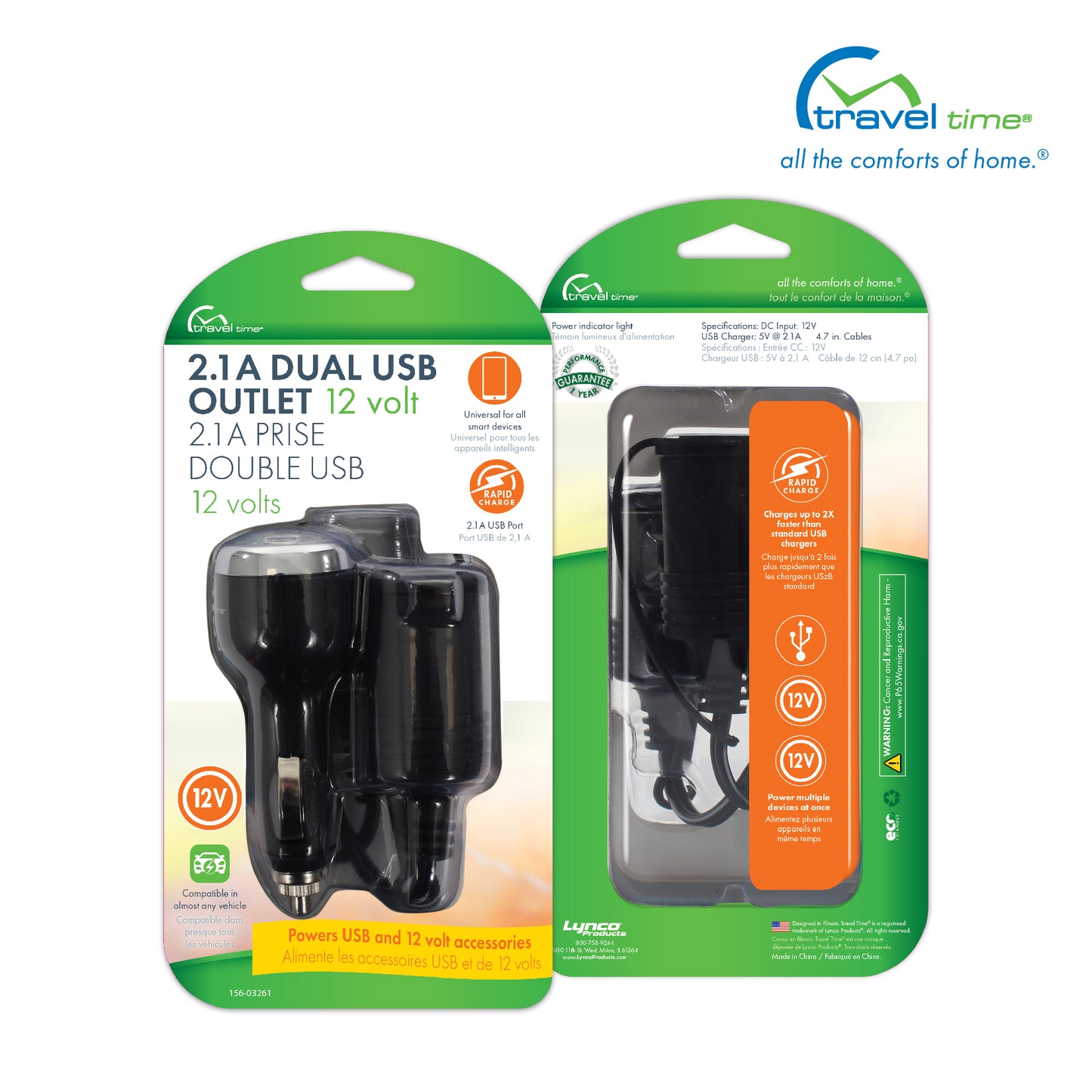 Packaged front and back view of the 12V Dual Outlet Plug with USB Port. The packaging features green, orange, and yellow branding, along with information about the product.