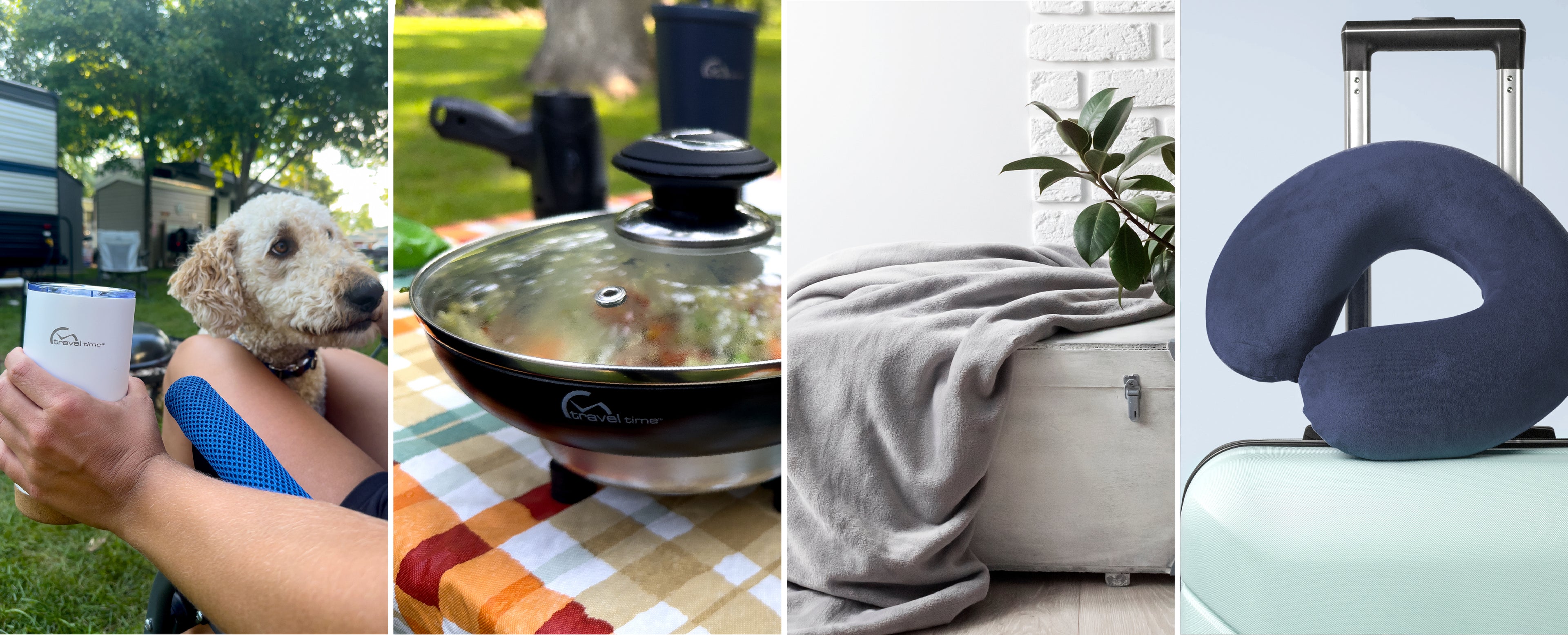 Collage featuring 4 visuals. The first being a 16oz Stainless Steel Travel Tumbler with Cork Bottom in white held in the hand of someone at a campsite with their dog. The second being the 12V Cooking Pan atop a picnic table surrounded by other various Travel Time products. The third being the Polar Fleece Blanket in gray draped over an antique chest that sits nearby some greenery in a minimally designed room. The fourth being the Memory Foam Travel Neck Pillow in navy resting on a teal piece of luggage.