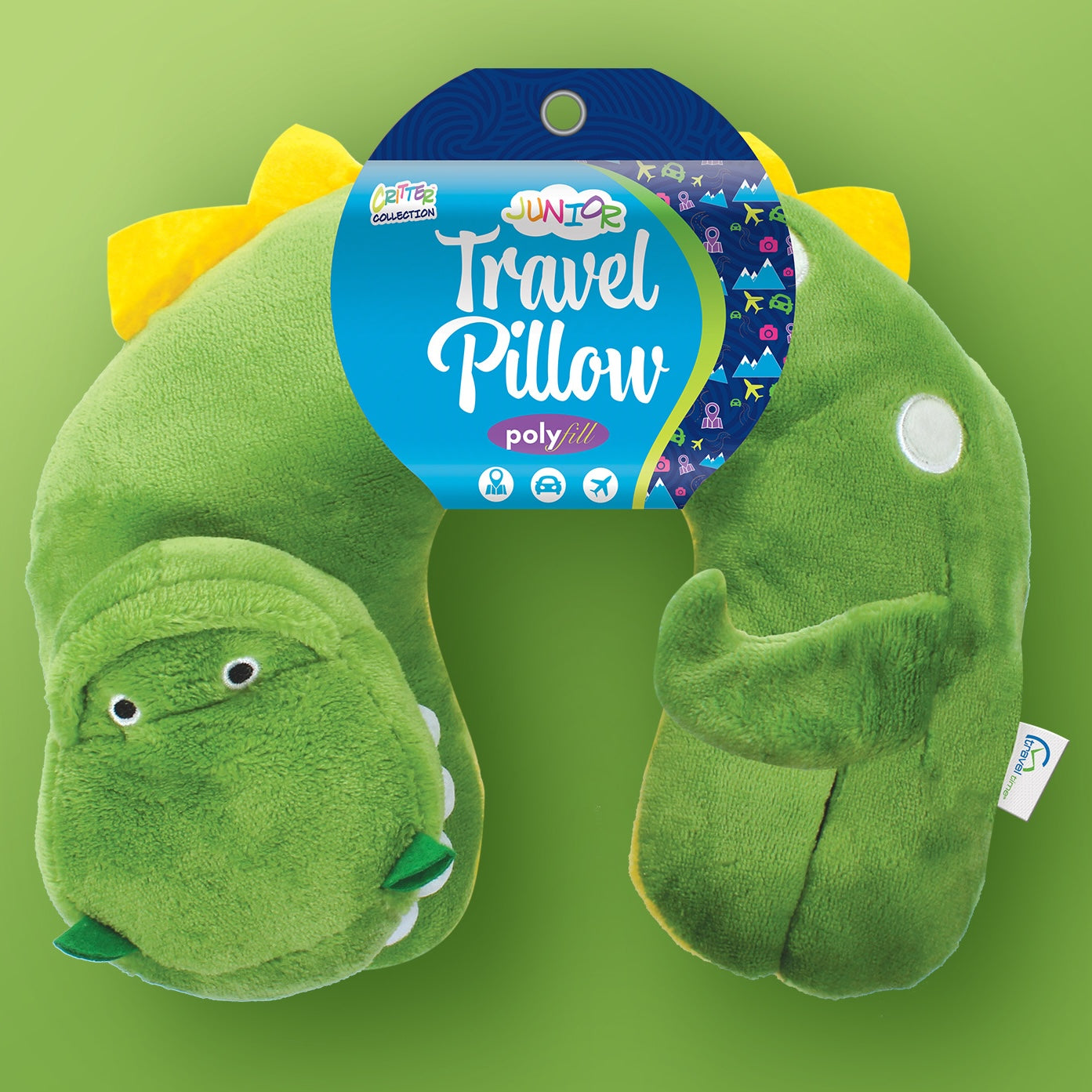 Kids' Junior Dinosaur Travel Pillow atop a bright, earthy green background