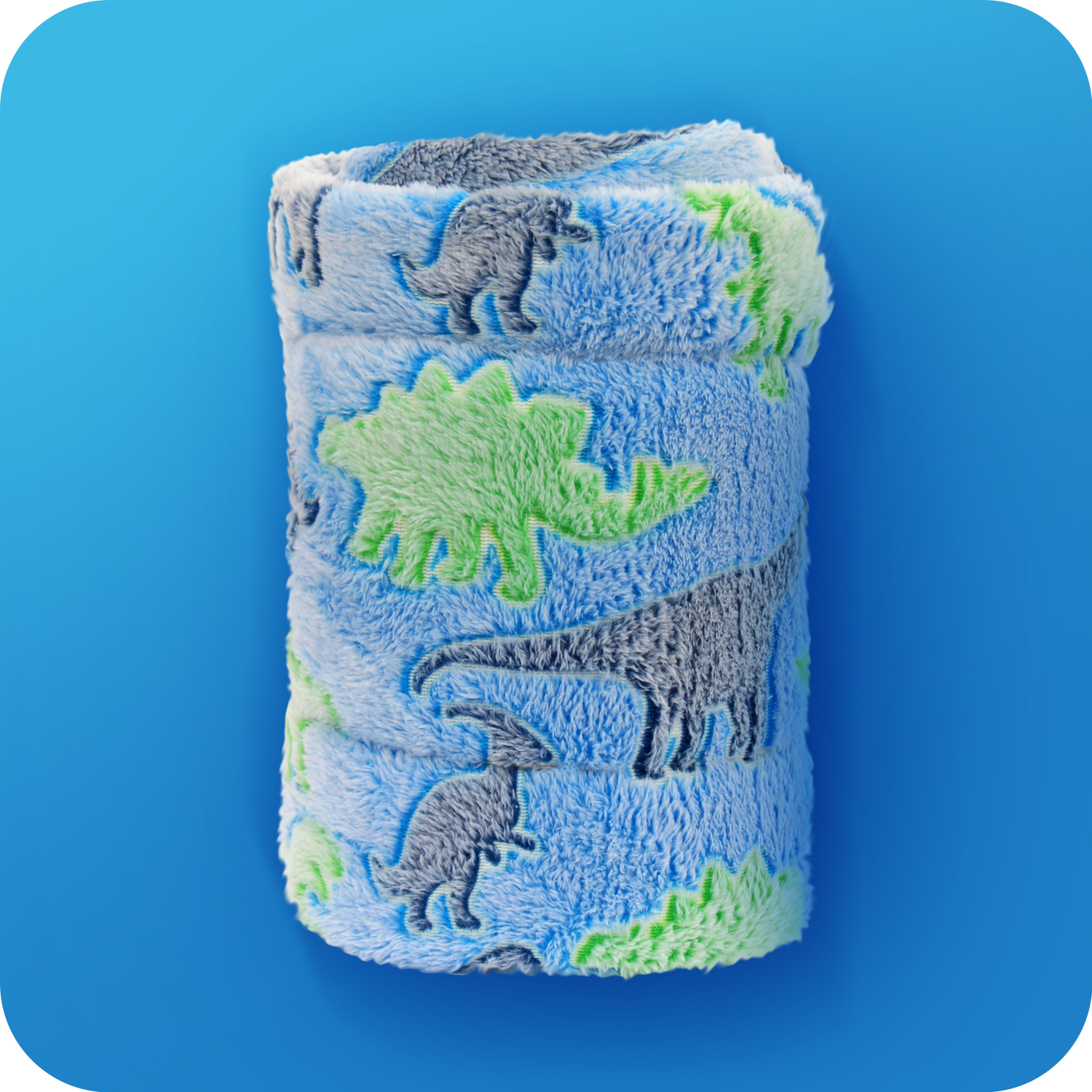 Glow in the Dark Throw Blanket with dinosaur print atop a bright blue background