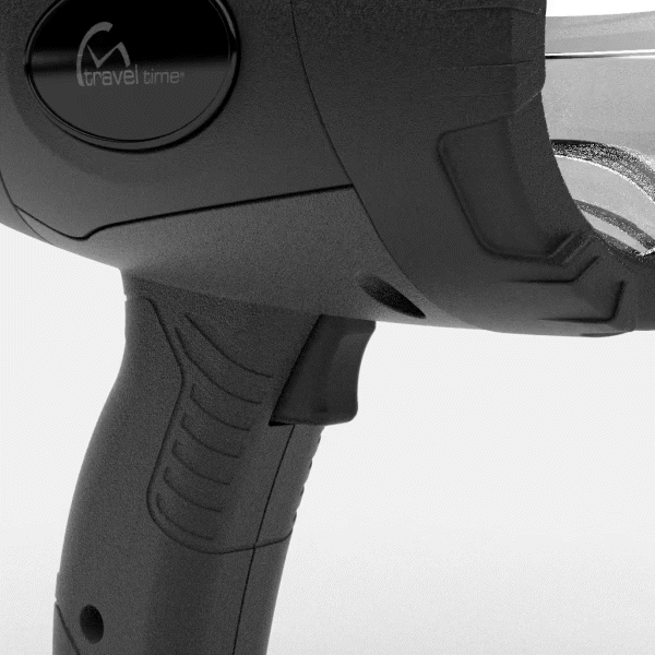 The 12V LED Rechargeable Spotlight features a black exterior, the Travel Time logo, an activation finger lever, which is being pressed and released as the gif loops.
