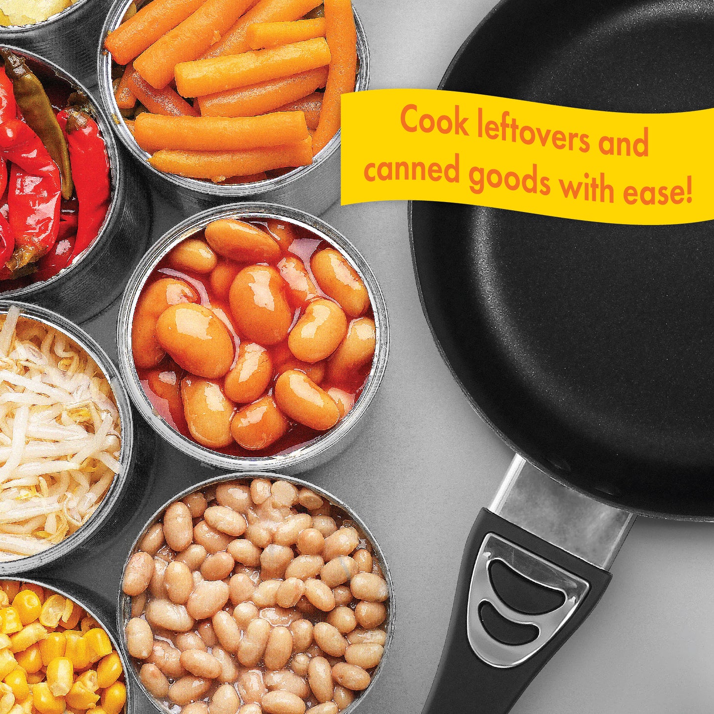 The 12V Cooking Pan with Cover situated next to cans of leftovers and food, which could be added to the pan for easy cooking.