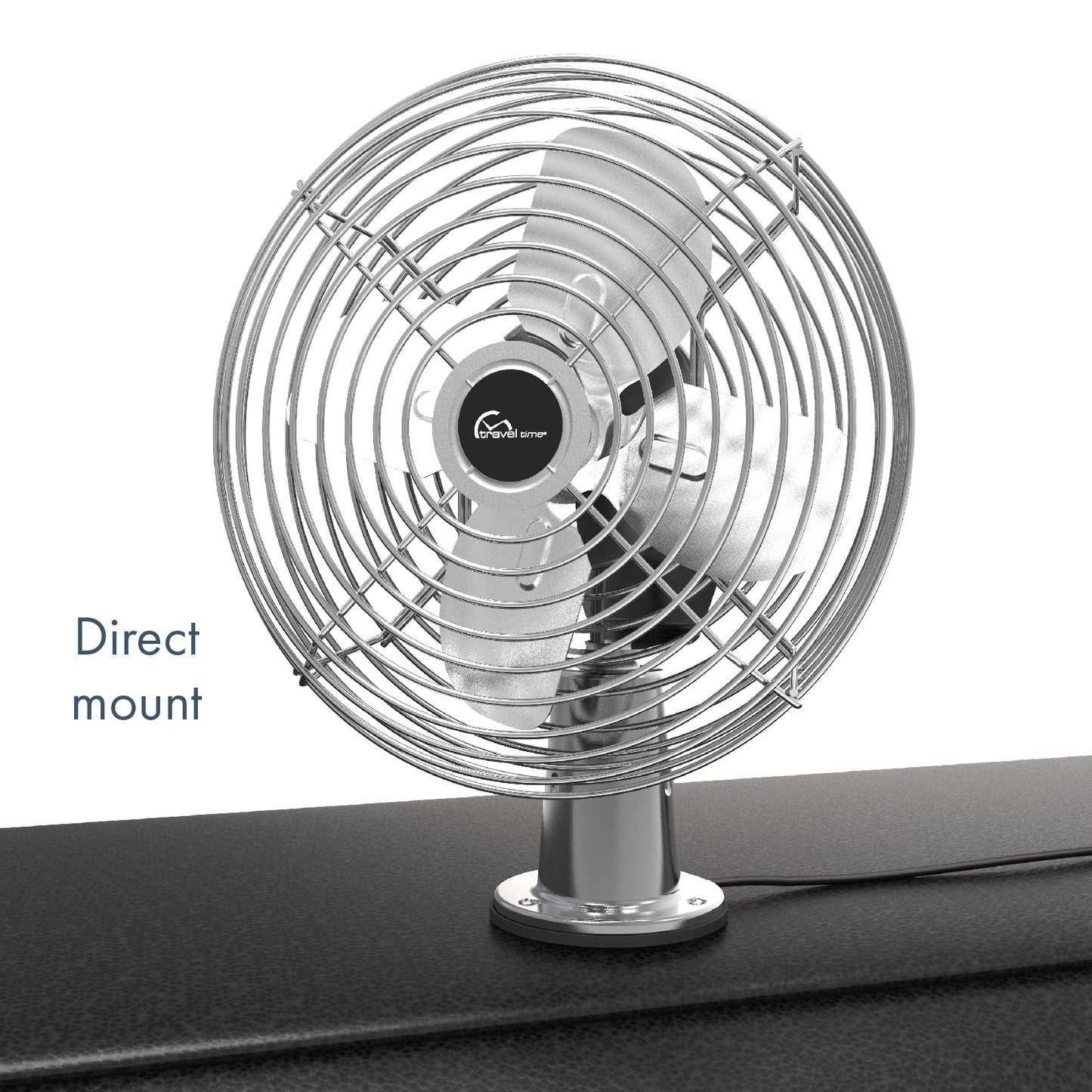 The 12V Deluxe Chrome 2-Speed Fan mounted directly onto a vehicle dash.