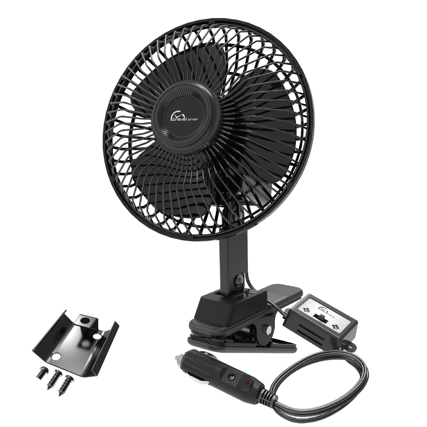 The 12V Oscillating Clip-On Fan is equipped with a 12 volt power cord, mounting equipment, and a speed control dial.