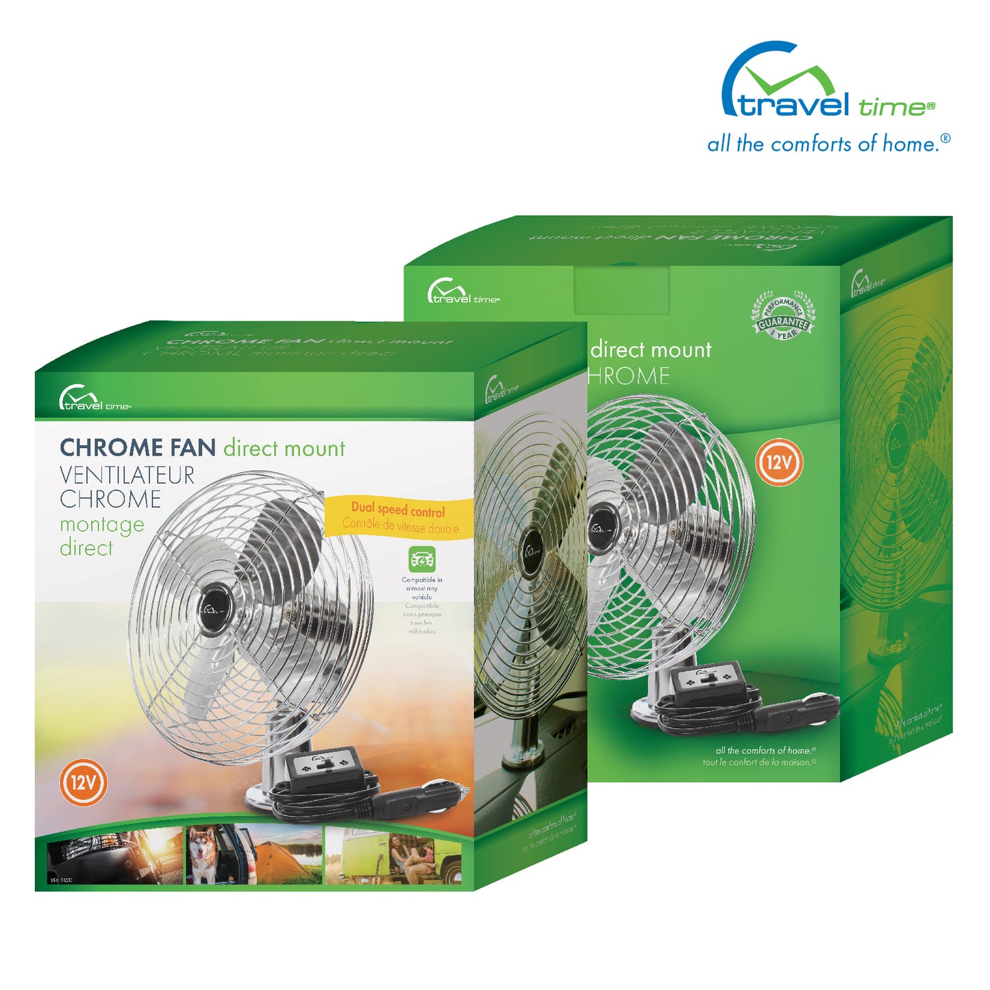 Packaged front and back images of the 12V Deluxe Chrome 2-Speed Fan. The packaging is green, white, orange, and yellow, and features callouts for the product.