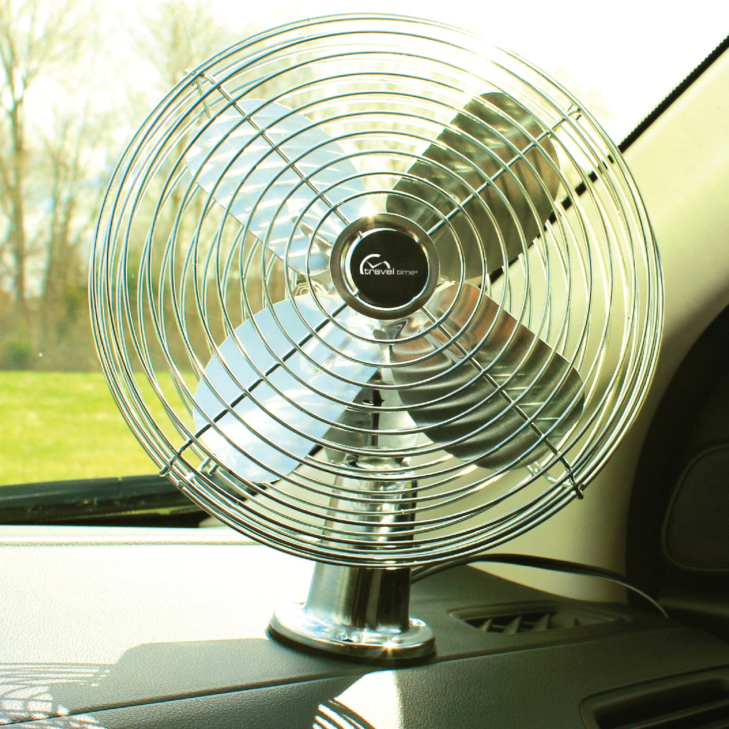 12 Volt Deluxe Chrome 2-Speed Fan mounted directly onto the passenger dash of a vehicle.