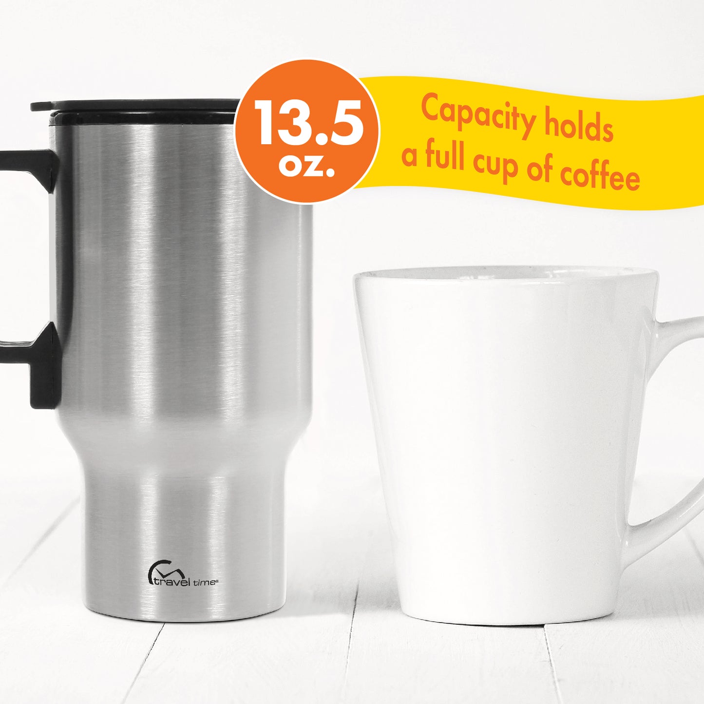 The 12V Warming Travel Mug holds 13.5 oz. and can hold a full cup of coffee.