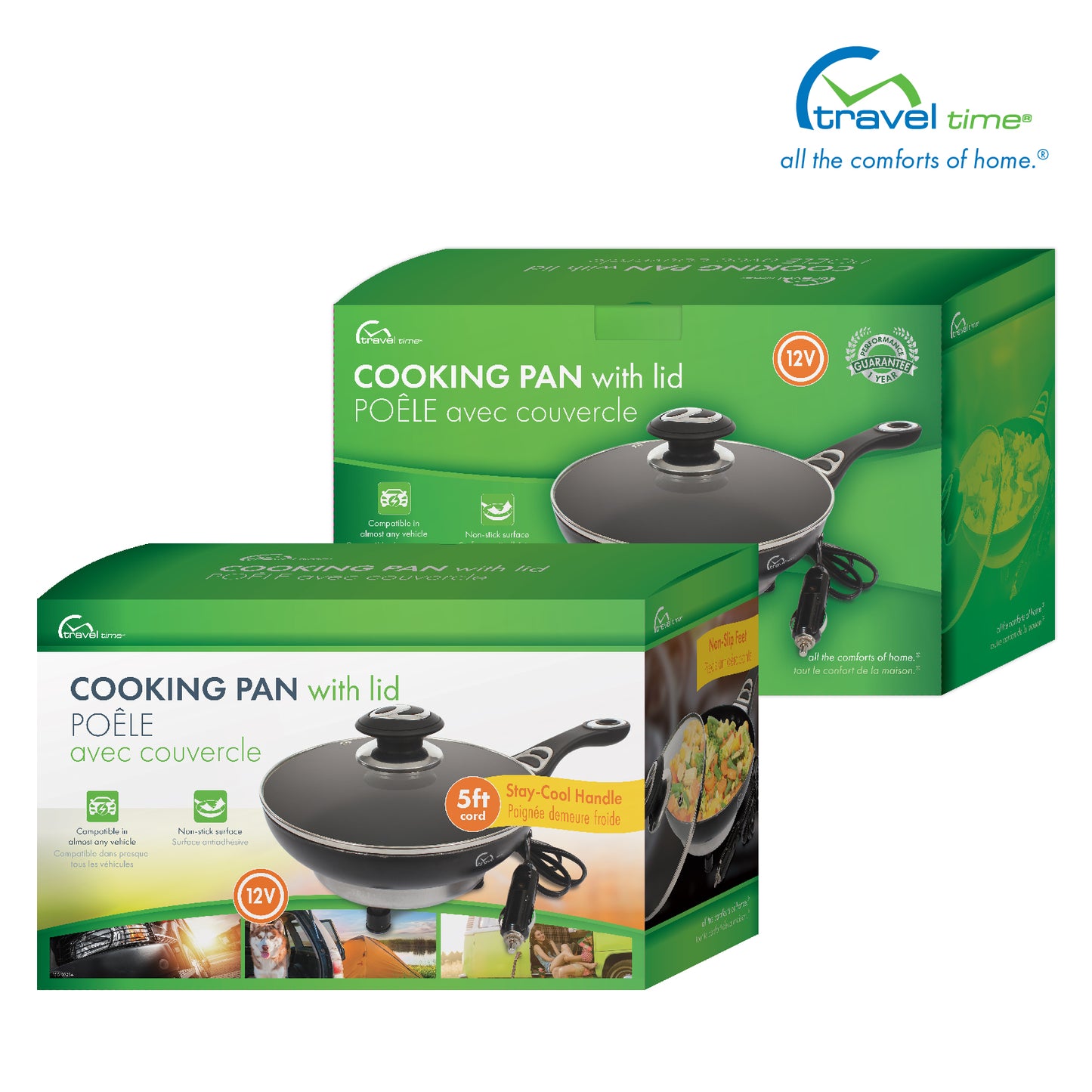 Packaged front and back images of the 12V Cooking Pan with Cover. The packaging is green, white, orange, and yellow, and features callouts for the product.