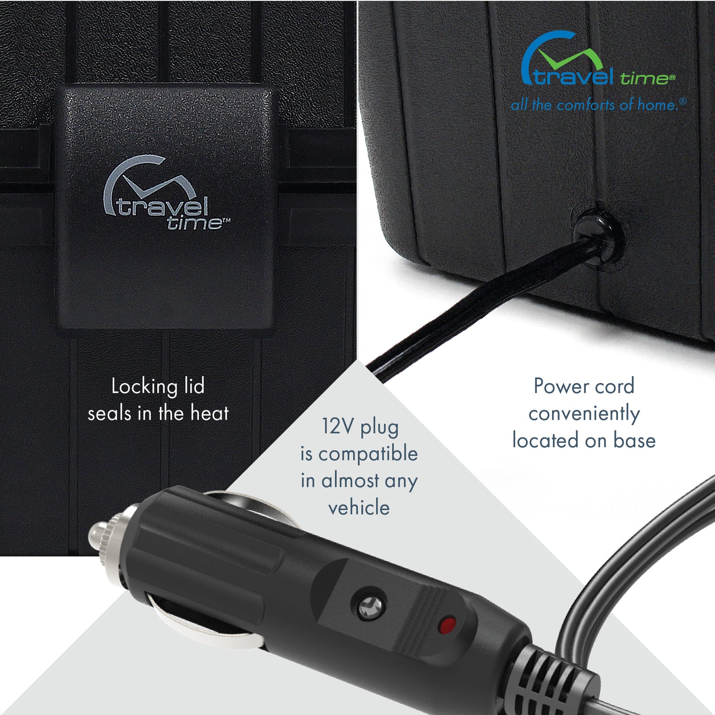 Various close up angles of the 12V Portable Stove in Black, which comes with 5 Pans and Lids. It has a locking lid to seal in heat, a power cord conveniently located on the base, and is compatible in almost any vehicle.