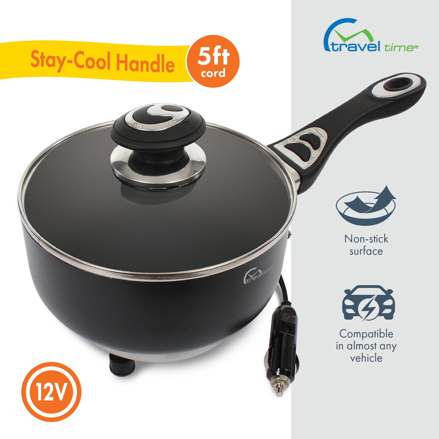 The 12V Cooking Pot with Cover features a 5 foot 12 volt power cord, a stay-cool handle, a non-stick surface, and is compatible in almost any vehicle.