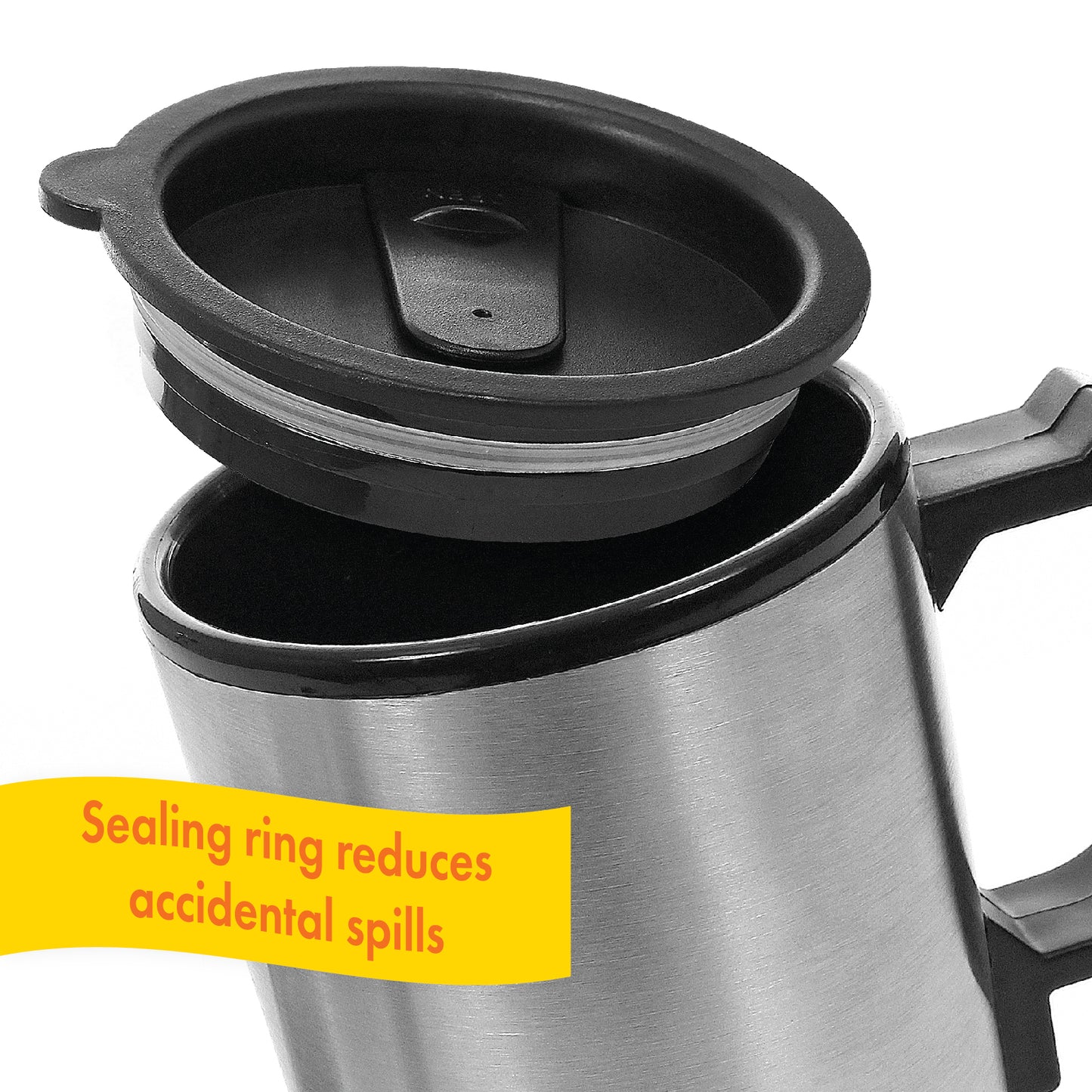 The 12V Warming Travel Mug has a sealing ring to reduce accidental spills while traveling.