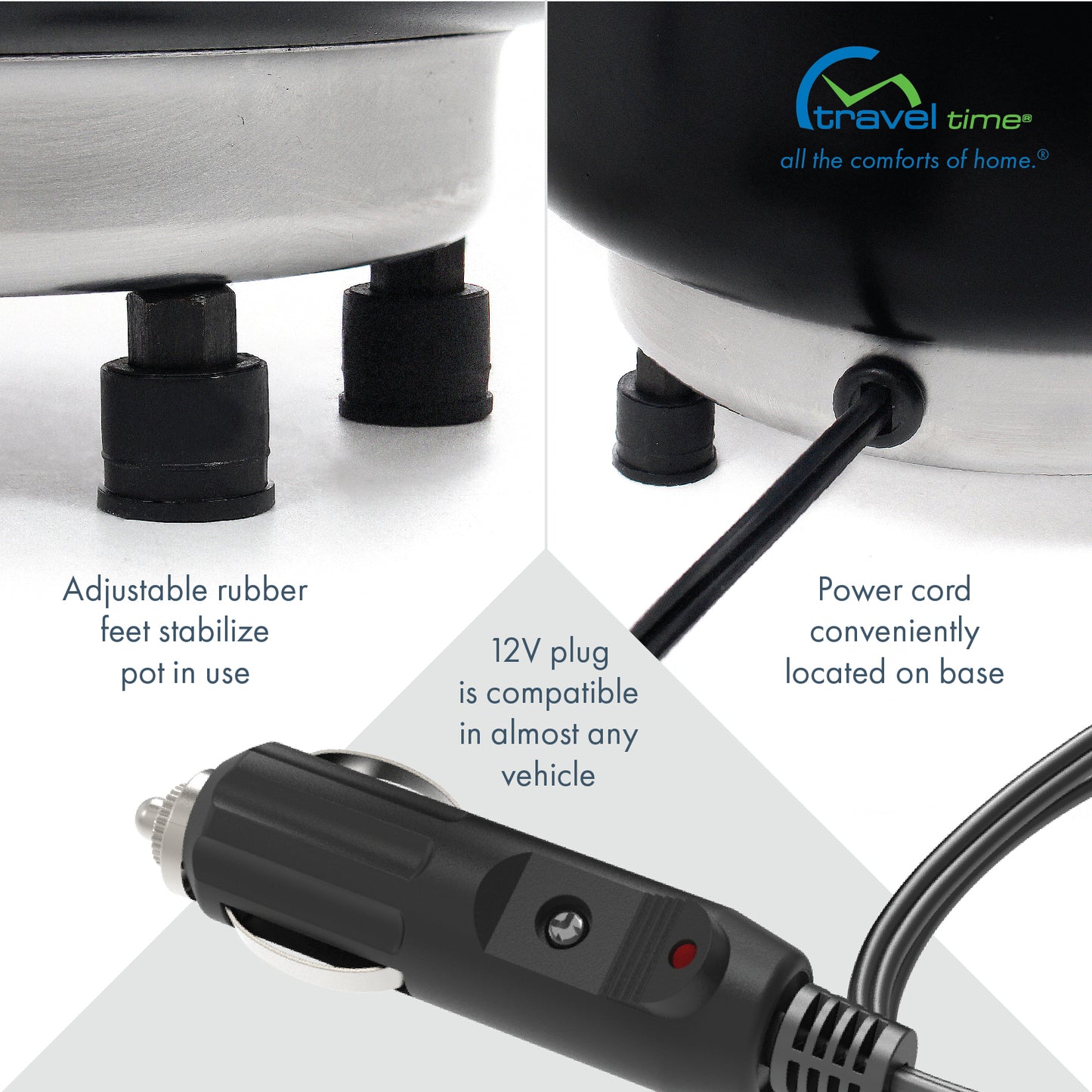 Various close ups of the 12V Cooking Pan with Cover, which features adjustable rubber feet to stabilize the pot while in use, a power cord that is conveniently located on the base, and a 12 volt plug making it compatible in almost any vehicle.